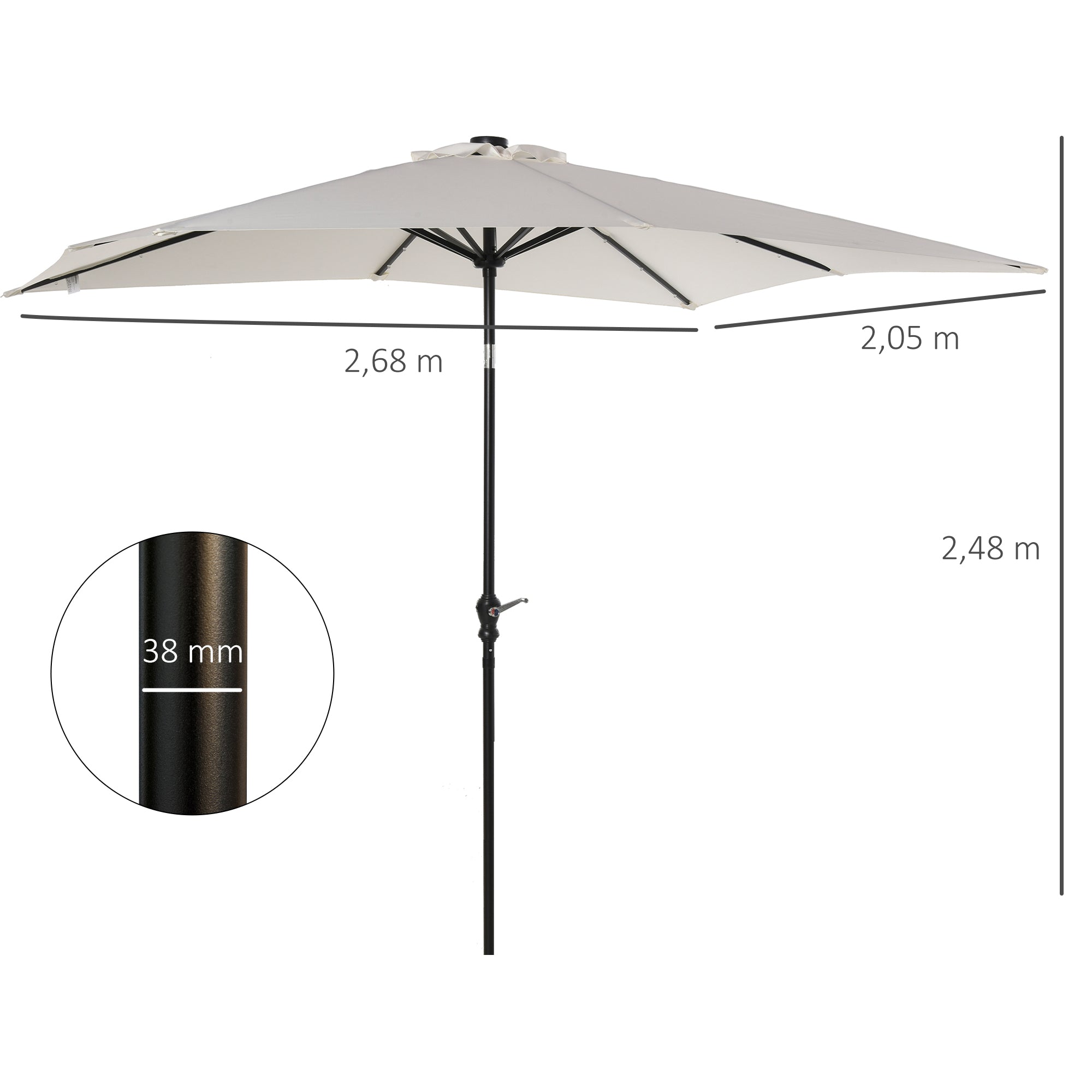 Outsunny Sombrilla Terraza Exterior 268x205x248 cm Sombrilla de Jardín con Techo Inclinable hasta 45° Luces LED Solares Poste de Acero y Manivela Parasol para Patio Terraza Blanco