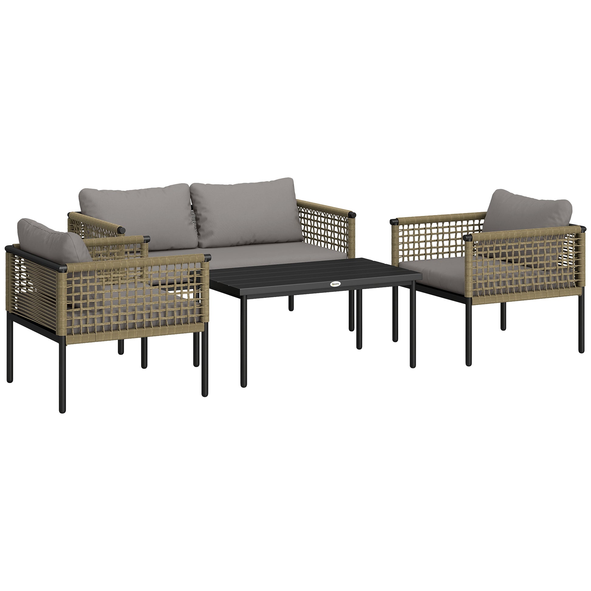 Outsunny Conjunto de Jardín Exterior de Ratán Sintético de 4 Piezas Muebles de Jardín Exterior Incluye 1 Sofá Doble 2 Sillones y Mesa de Centro con Cojines Natural y Gris