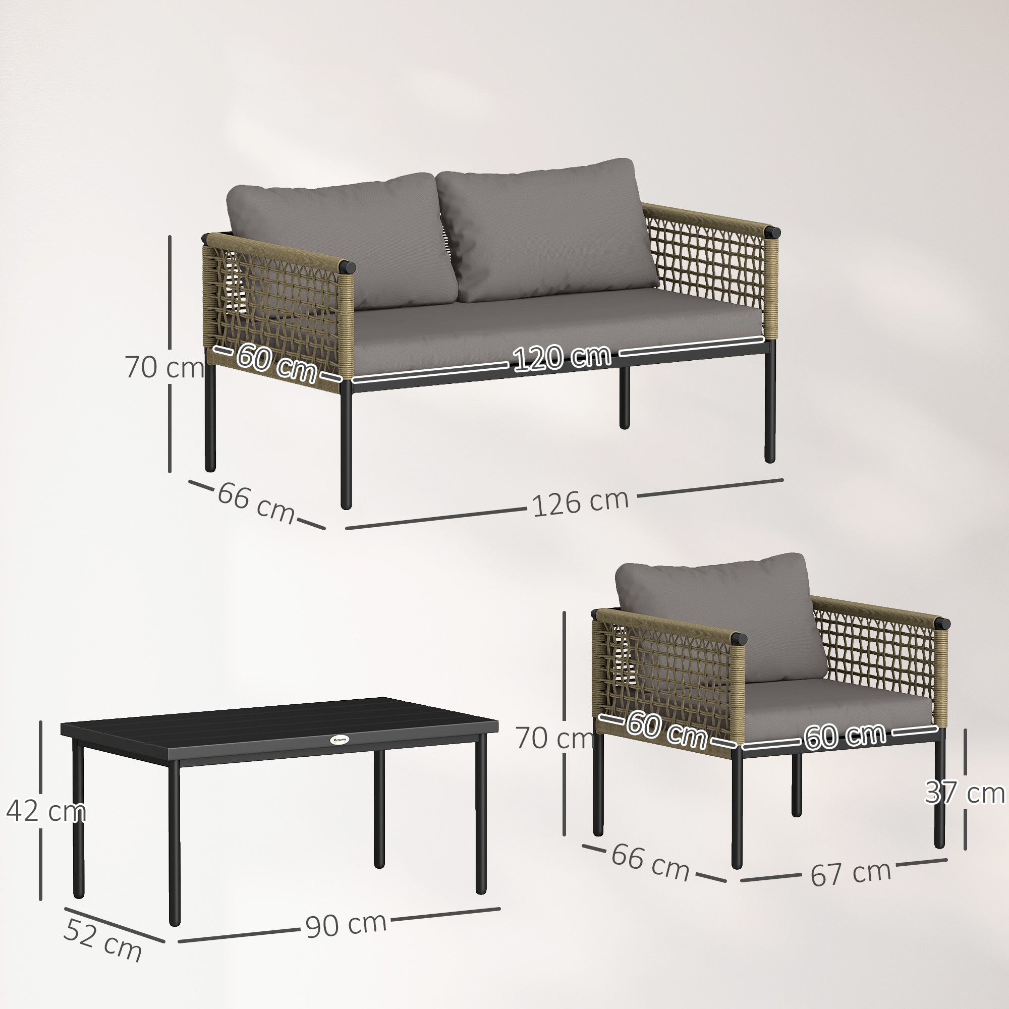 Outsunny Conjunto de Jardín Exterior de Ratán Sintético de 4 Piezas Muebles de Jardín Exterior Incluye 1 Sofá Doble 2 Sillones y Mesa de Centro con Cojines Natural y Gris