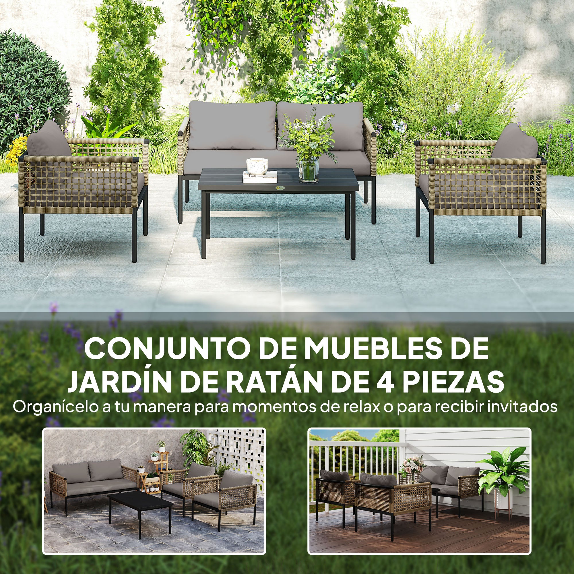 Outsunny Conjunto de Jardín Exterior de Ratán Sintético de 4 Piezas Muebles de Jardín Exterior Incluye 1 Sofá Doble 2 Sillones y Mesa de Centro con Cojines Natural y Gris