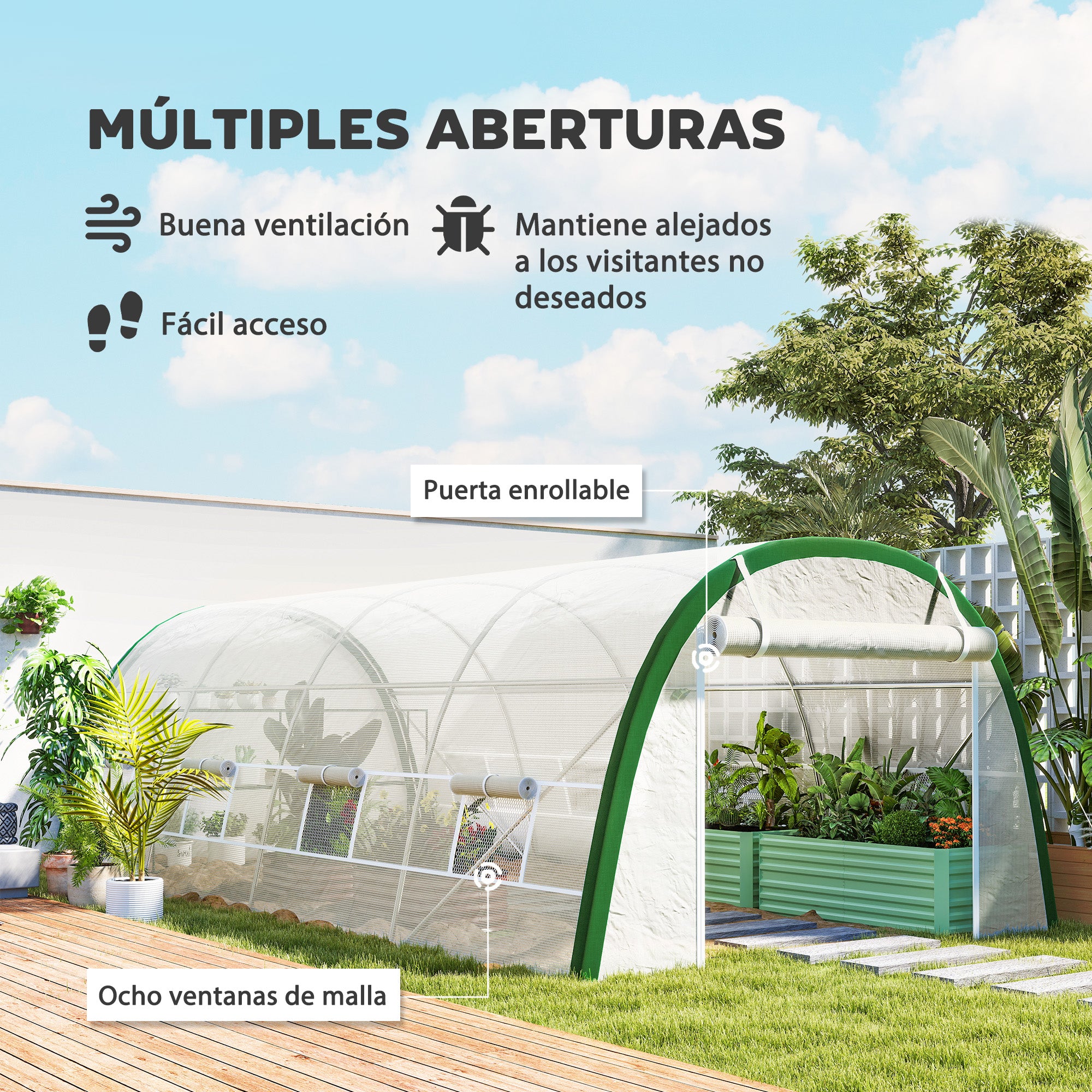Outsunny Invernadero de Exterior 6x3x2 m, Invernadero de Túnel con Puerta Enrollable, 8 Ventanas de Malla, Cubierta PE 140g/m², Marco de Acero Galvanizado, Anti-UV, para Cultivos, Plantas, Blanco