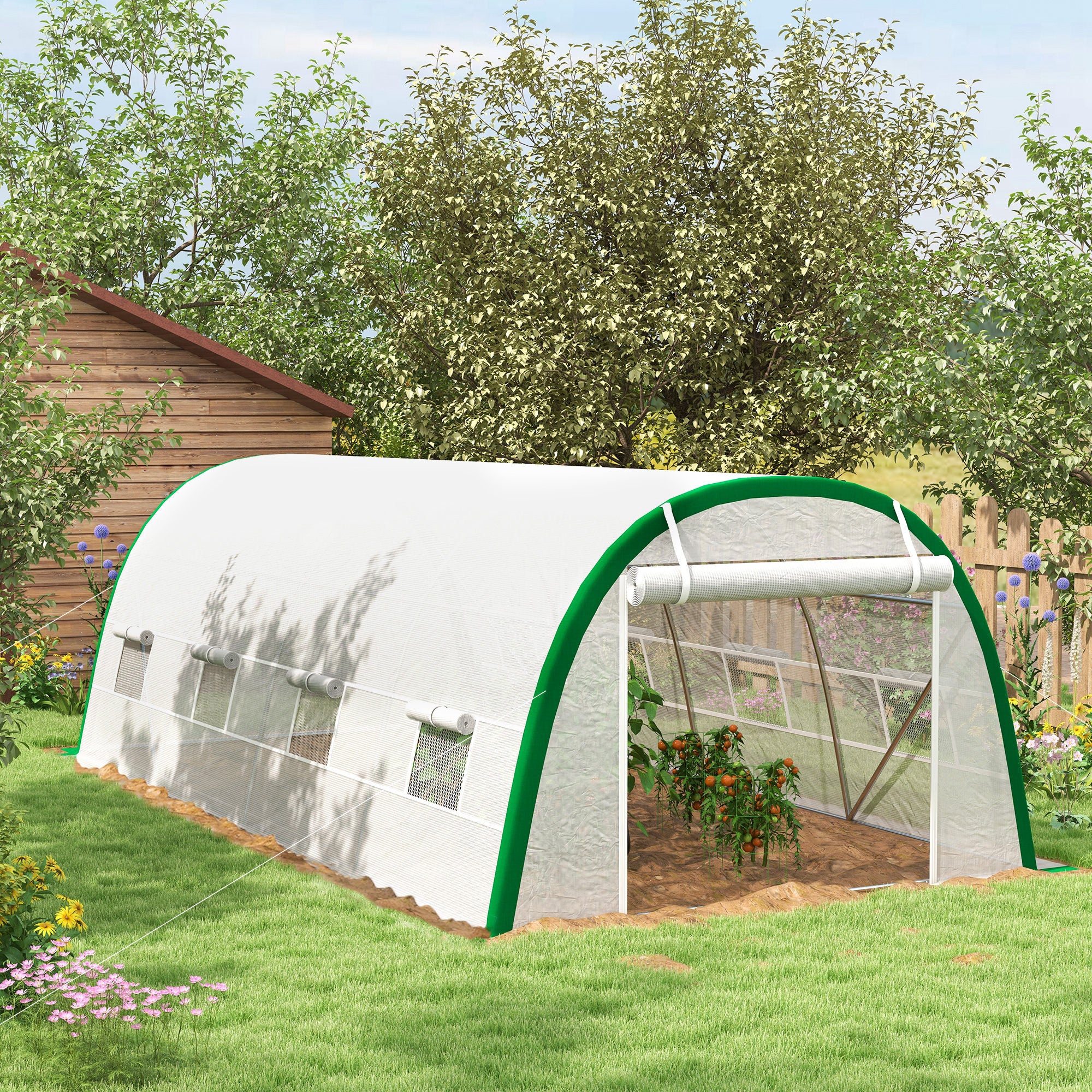 Outsunny Invernadero de Exterior 6x3x2 m, Invernadero de Túnel con Puerta Enrollable, 8 Ventanas de Malla, Cubierta PE 140g/m², Marco de Acero Galvanizado, Anti-UV, para Cultivos, Plantas, Blanco