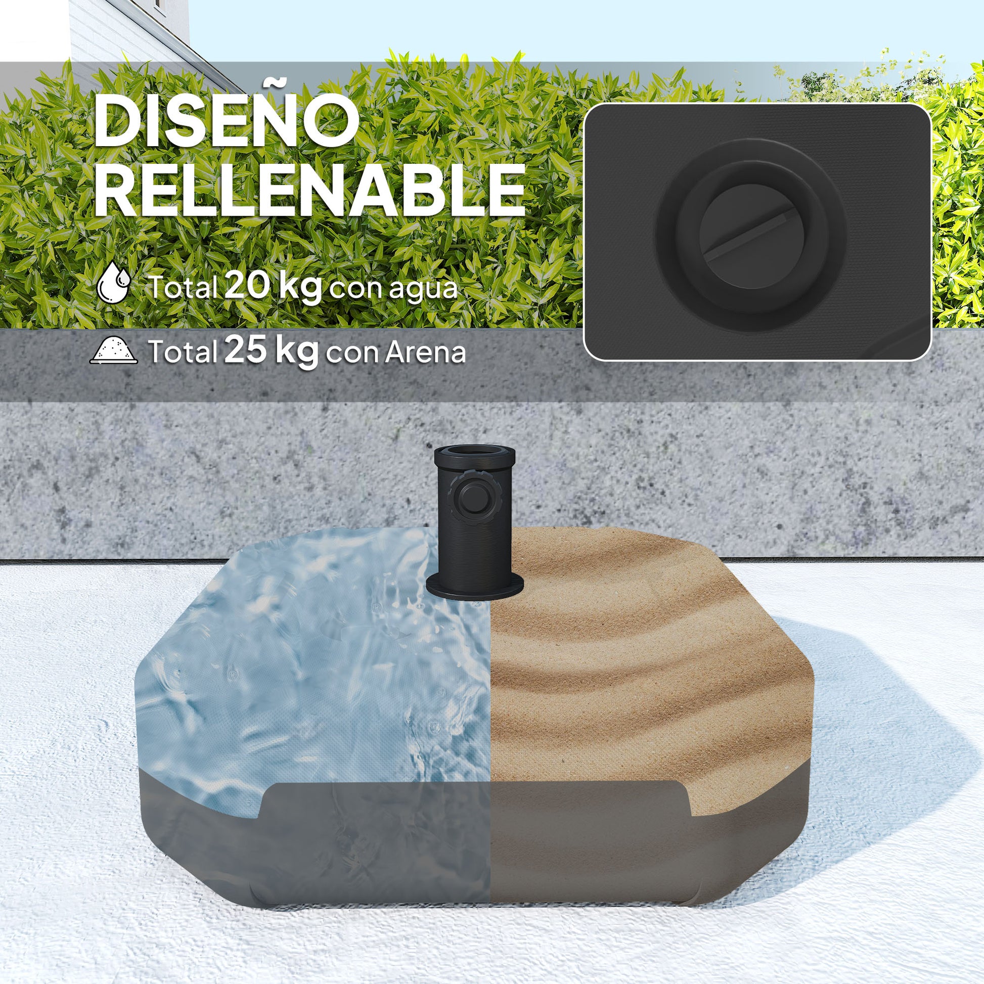 Outsunny Base para Sombrilla Cuadrada, Soporte de Parasol de HDPE, Pie para Sombrilla con Postes Ø38 mm, Ø48 mm, Rellenable de Arena 25 kg o Agua 20 kg, para Jardín, Patio, Terraza, Negro