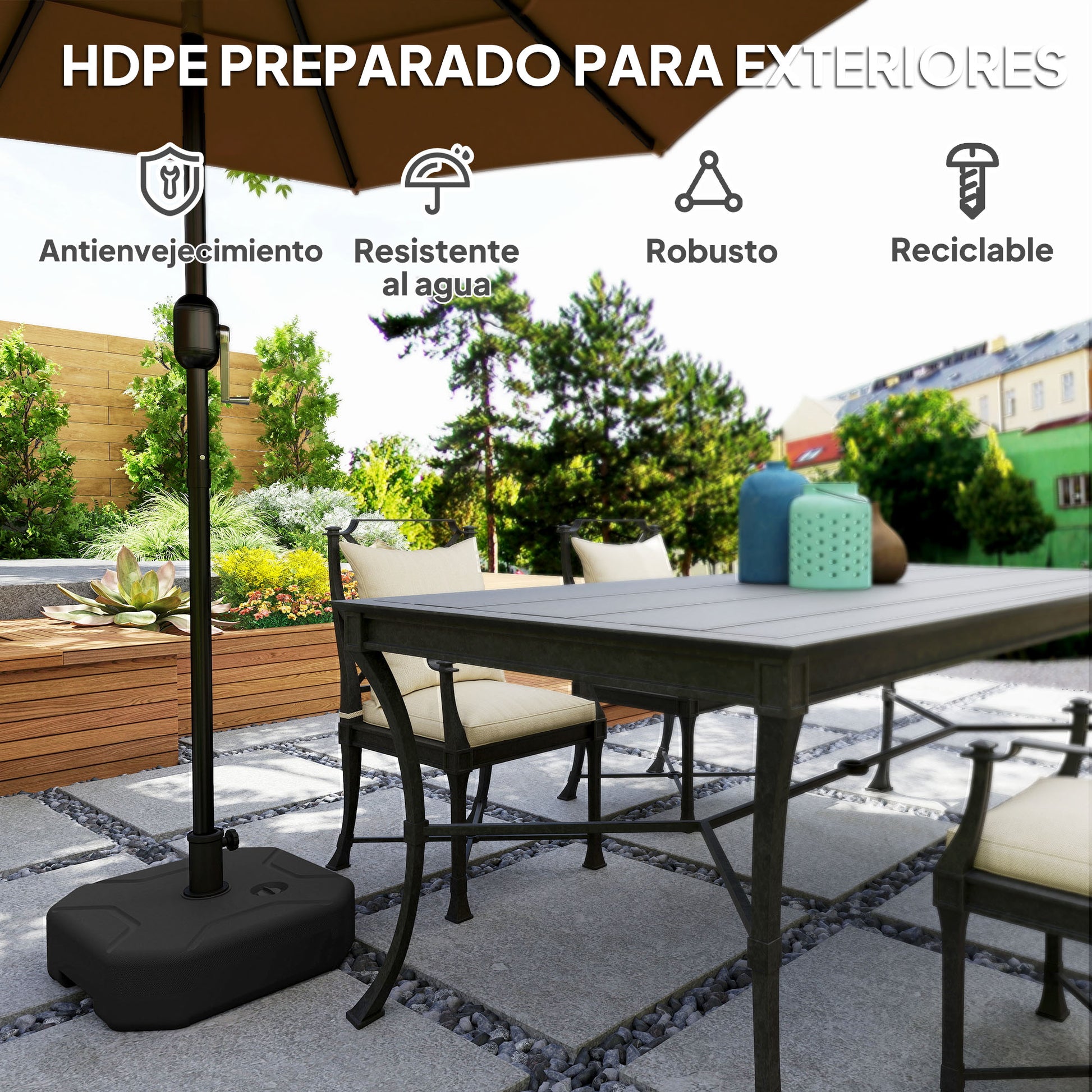 Outsunny Base para Sombrilla Cuadrada, Soporte de Parasol de HDPE, Pie para Sombrilla con Postes Ø38 mm, Ø48 mm, Rellenable de Arena 25 kg o Agua 20 kg, para Jardín, Patio, Terraza, Negro