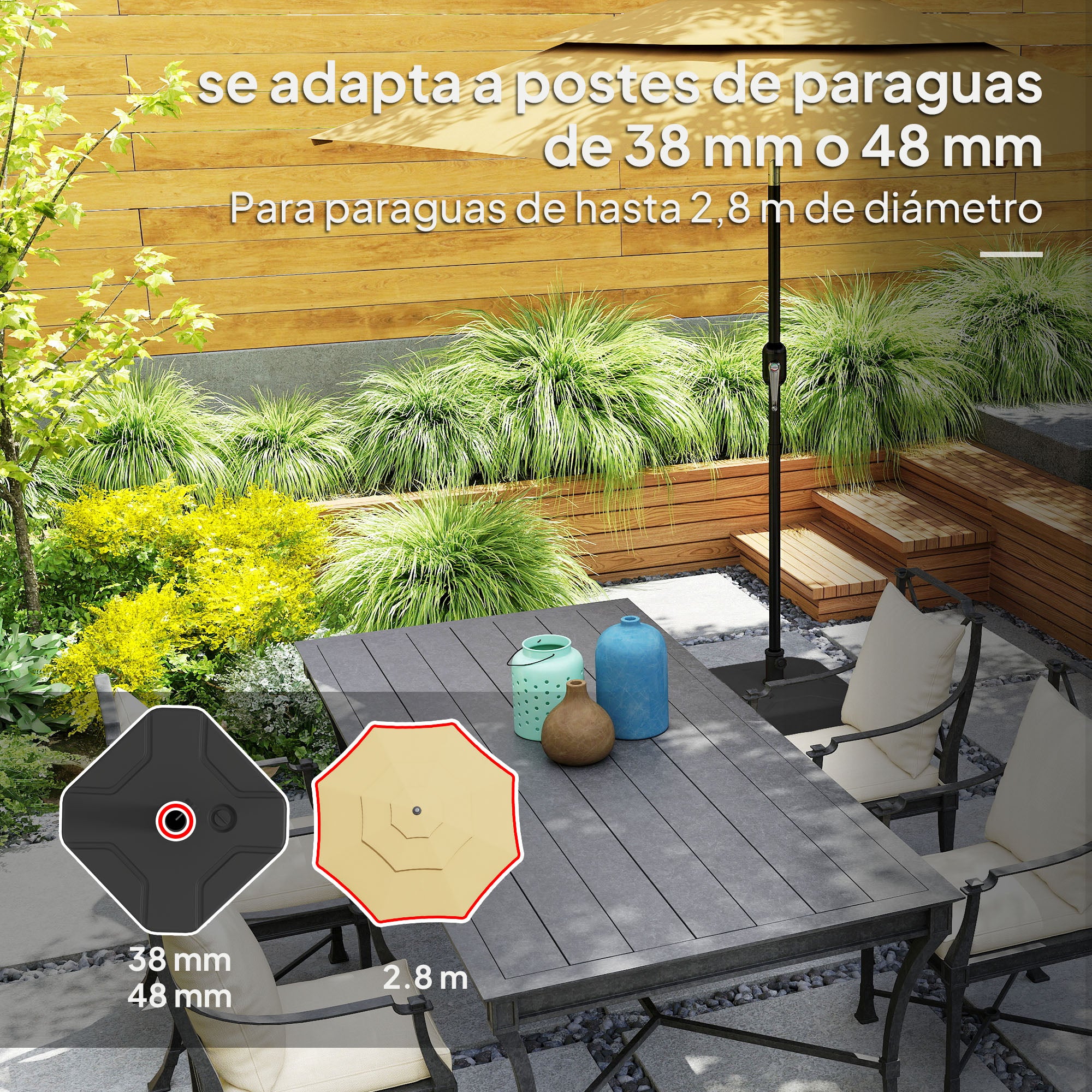 Outsunny Base para Sombrilla Cuadrada, Soporte de Parasol de HDPE, Pie para Sombrilla con Postes Ø38 mm, Ø48 mm, Rellenable de Arena 25 kg o Agua 20 kg, para Jardín, Patio, Terraza, Negro