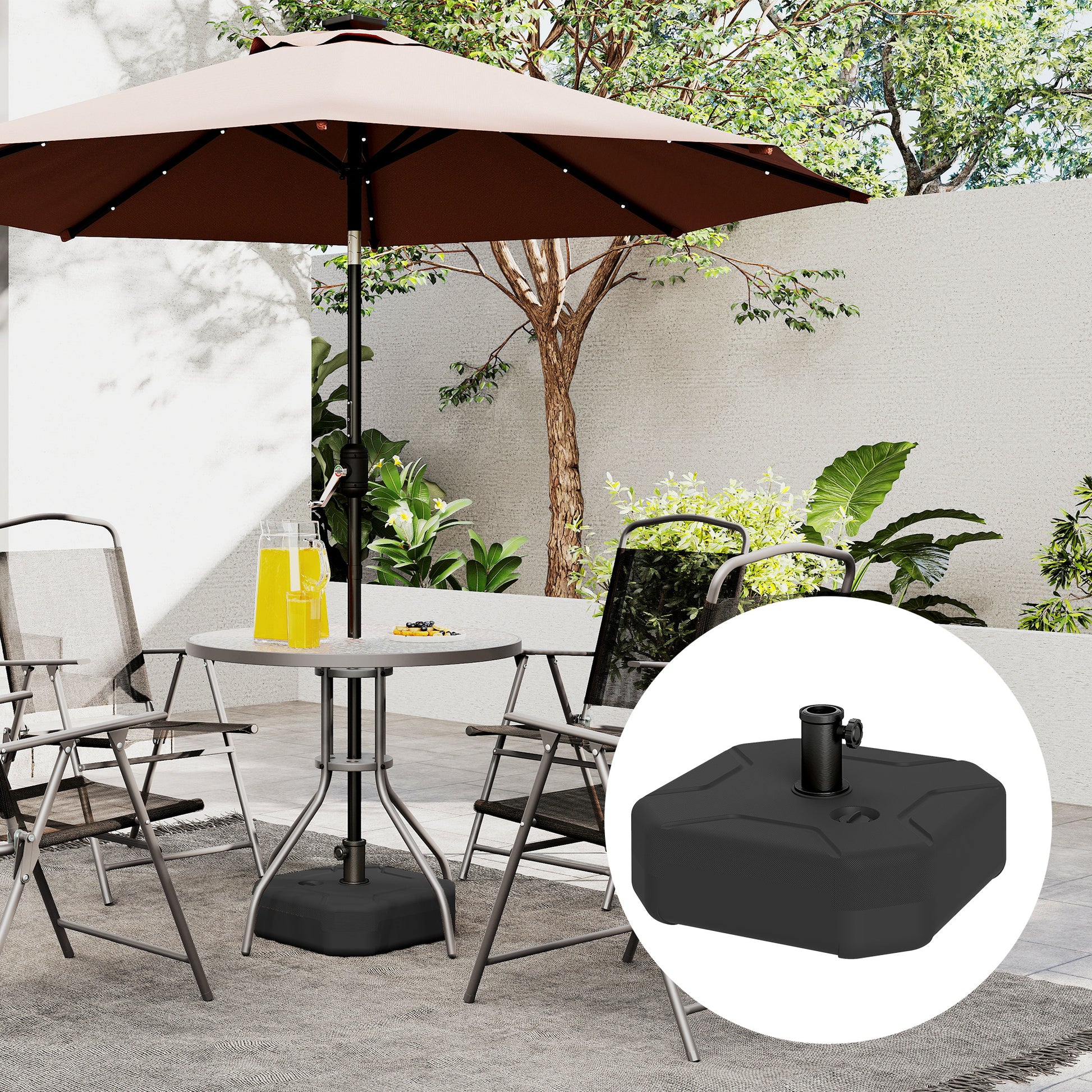 Outsunny Base para Sombrilla Cuadrada, Soporte de Parasol de HDPE, Pie para Sombrilla con Postes Ø38 mm, Ø48 mm, Rellenable de Arena 25 kg o Agua 20 kg, para Jardín, Patio, Terraza, Negro