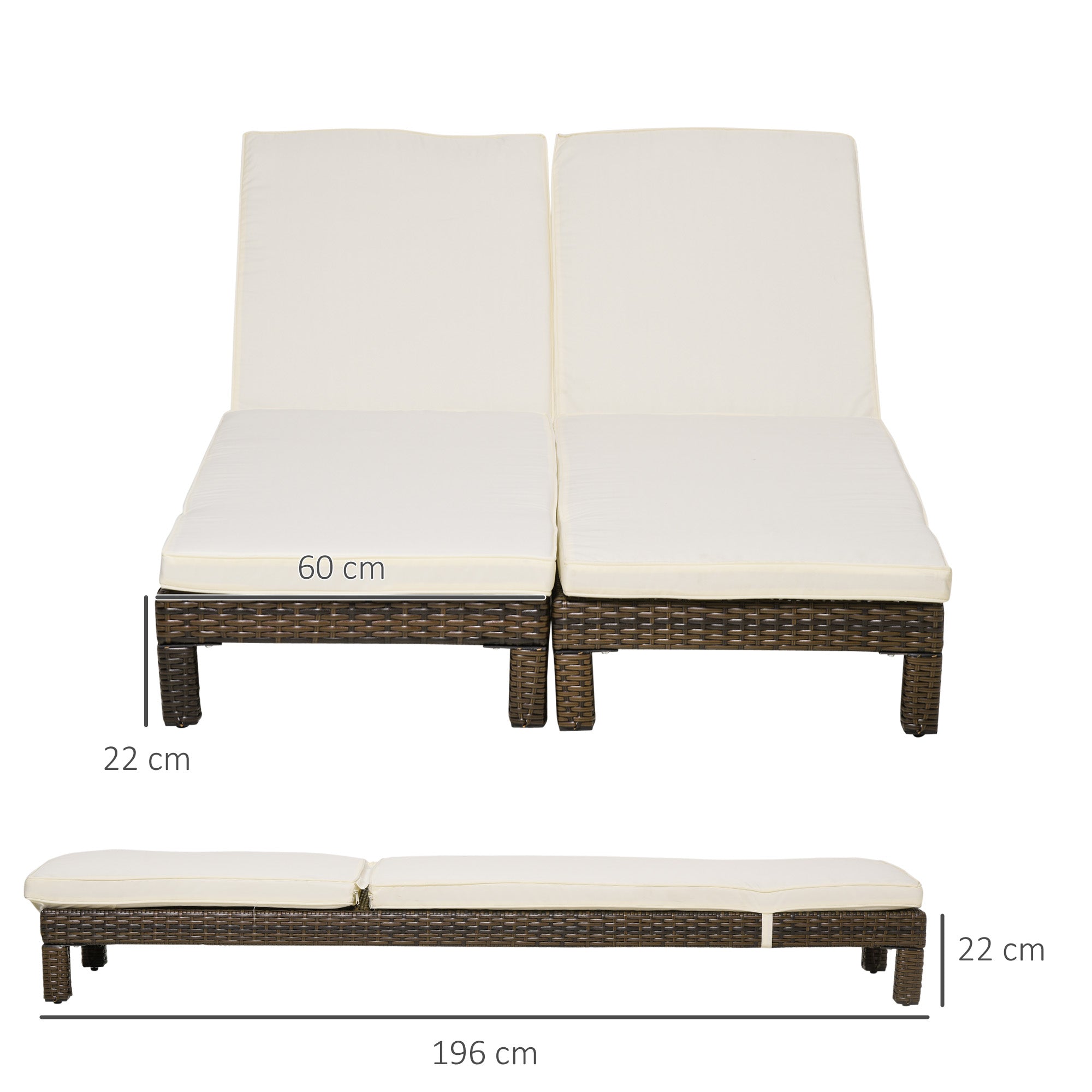 Outsunny Conjunto de 2 Tumbonas de Jardín Tumbonas de Ratán Reclinable en 5 Posiciones Cubierta Impermeable Carga 120 kg 196x60x22 cm Marrón
