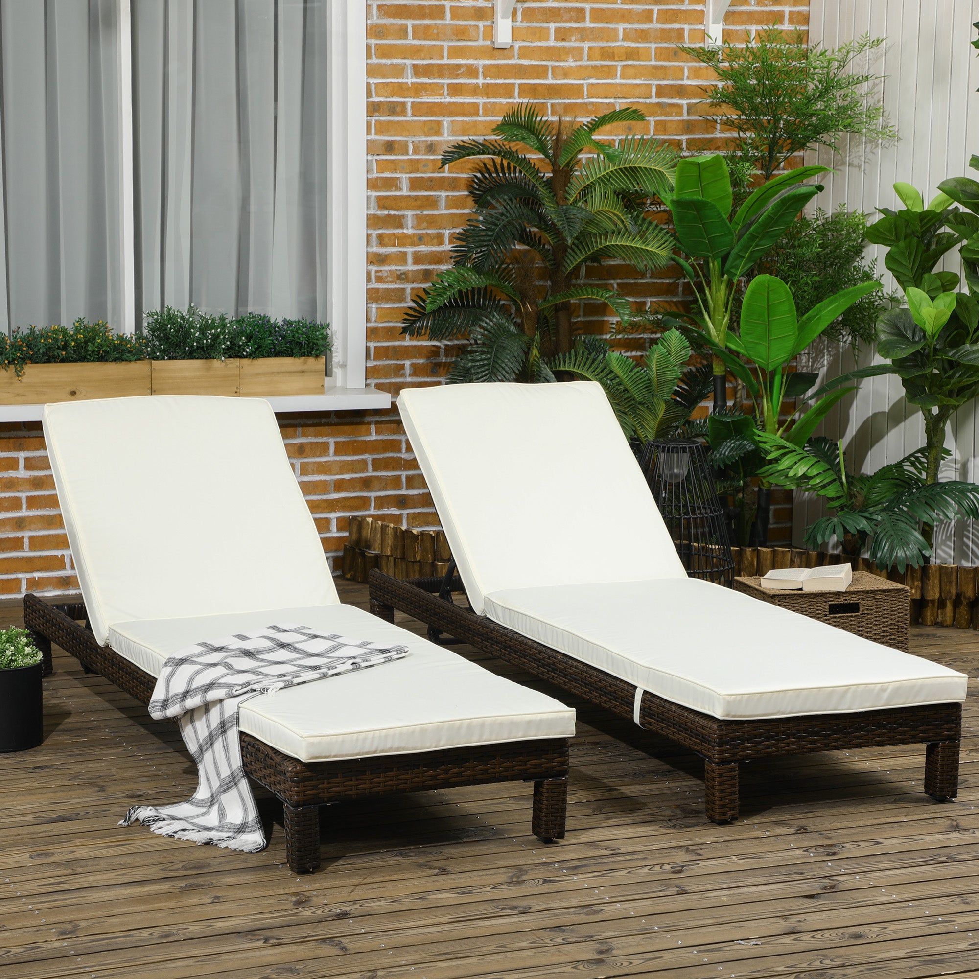 Outsunny Conjunto de 2 Tumbonas de Jardín Tumbonas de Ratán Reclinable en 5 Posiciones Cubierta Impermeable Carga 120 kg 196x60x22 cm Marrón