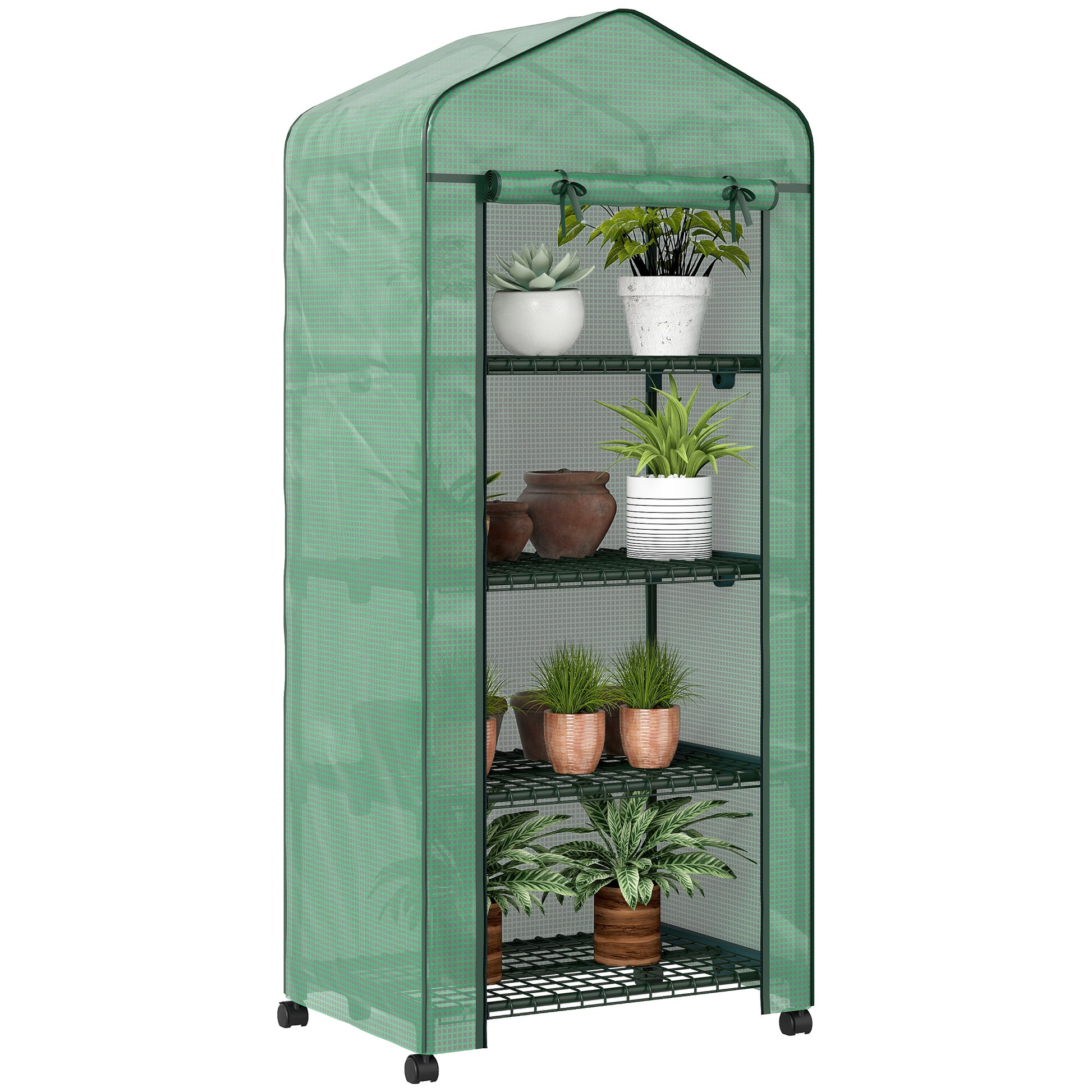 Outsunny Invernadero de Exterior con 4 Estantes y Ruedas, Invernadero de Jardín con Puerta Enrollable, Marco de Acero y Cubierta PE 140g/㎡ Anti-UV, Impermeable para Terraza, Patio, 70x50x165 cm, Verde