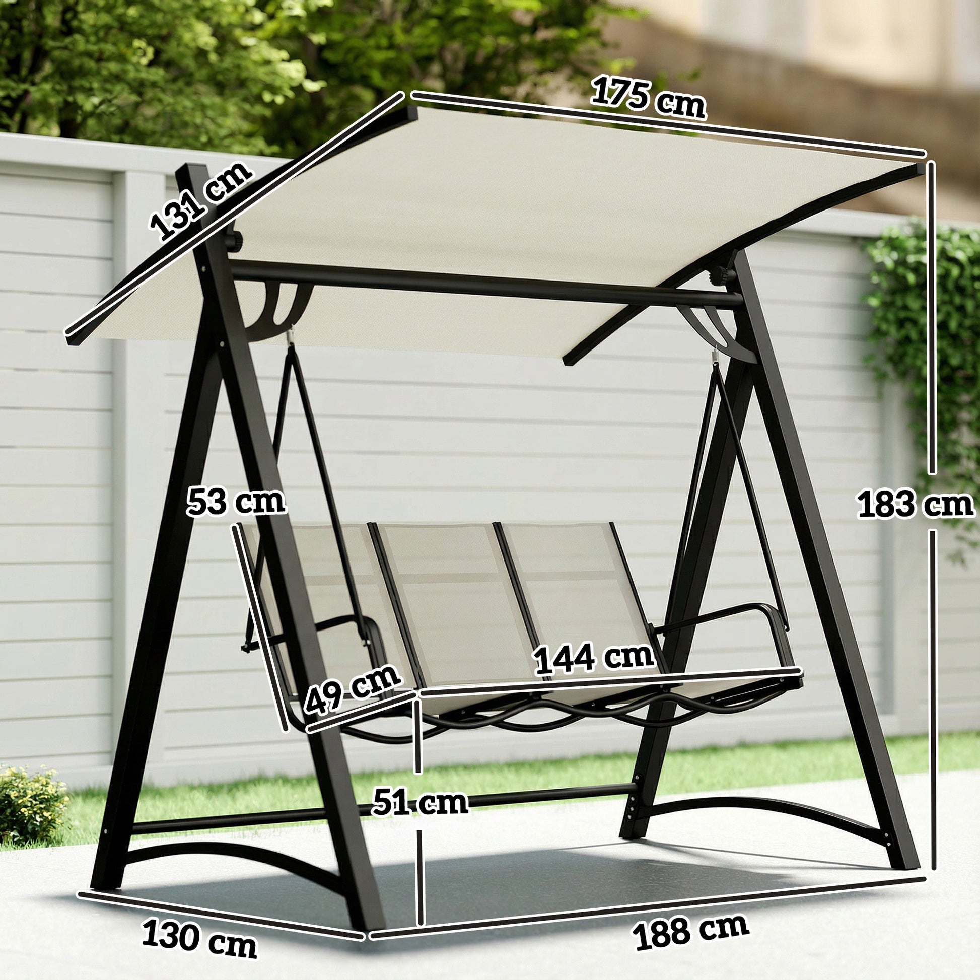 Outsunny Columpio de Jardín de 3 Plazas, Balancín de Jardín Exterior con Techo Ajustable, UPF50+, Asiento Transpirable y Marco de Metal, para Patio, Terraza, Carga 360 kg, 188x130x183 cm, Blanco Crema