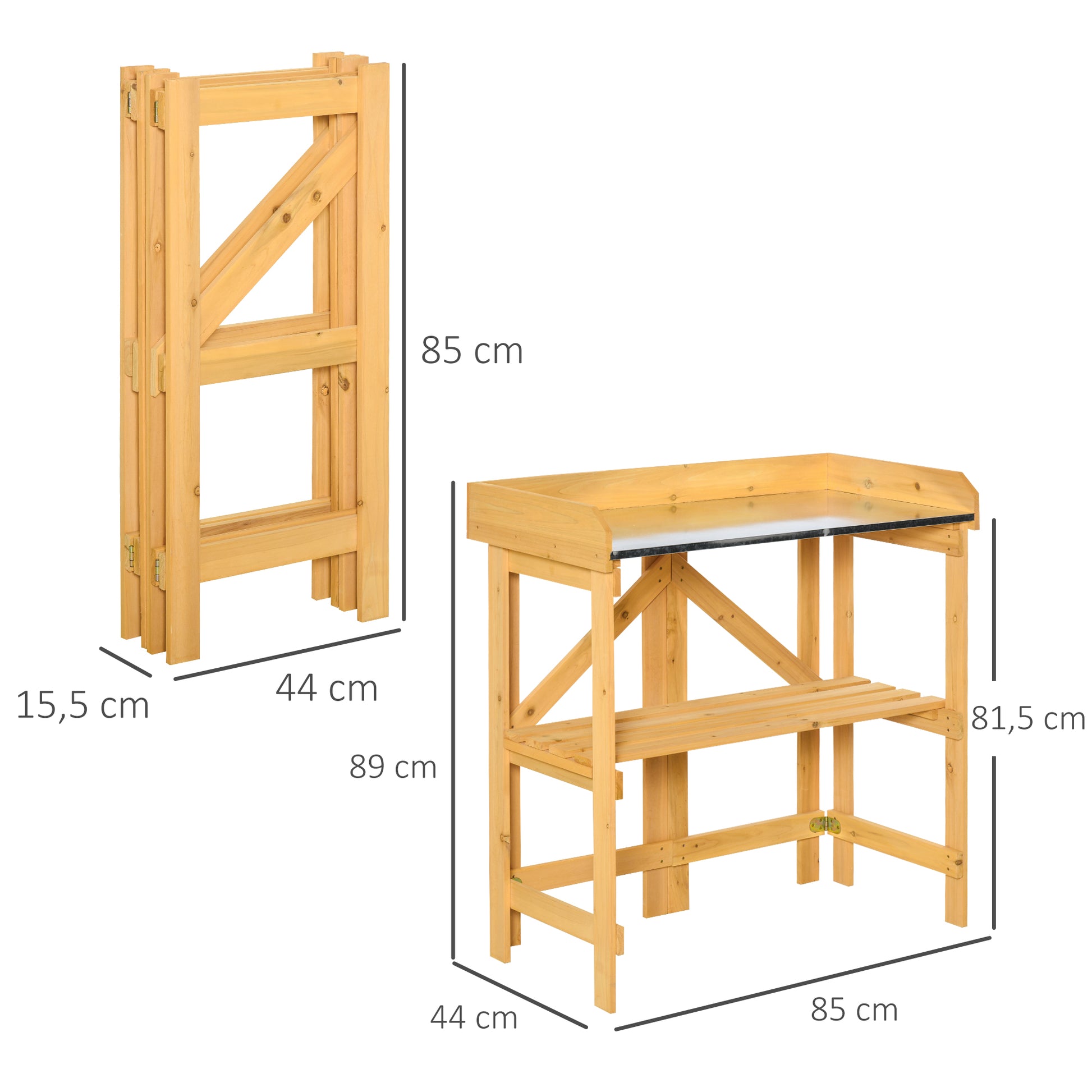 Outsunny Mesa de Plantación Plegable Mesa de Jardinería de Madera con Placa de Zinc y Estante para Jardín Terraza Balcón 85x44x89 cm Amarillo