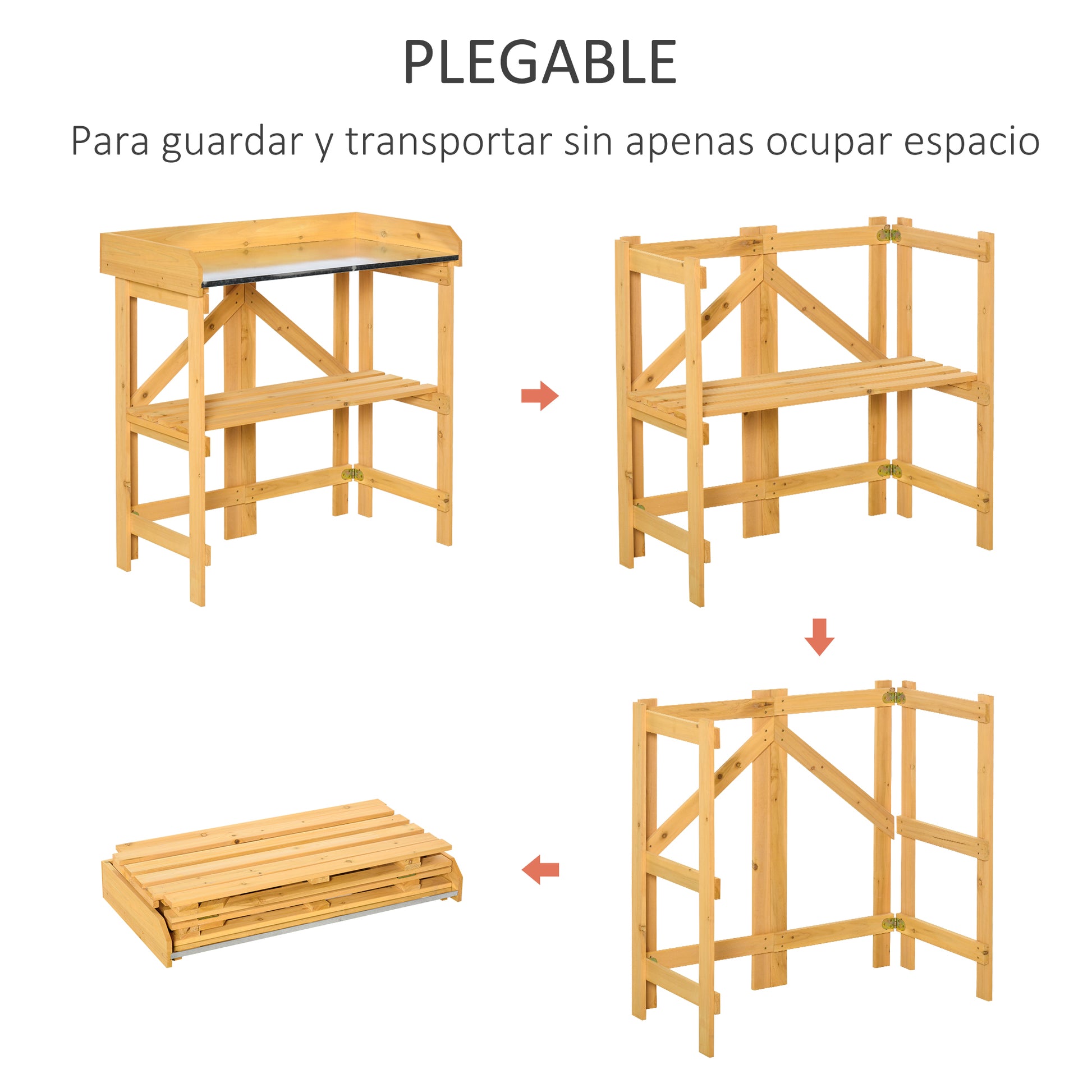 Outsunny Mesa de Plantación Plegable Mesa de Jardinería de Madera con Placa de Zinc y Estante para Jardín Terraza Balcón 85x44x89 cm Amarillo