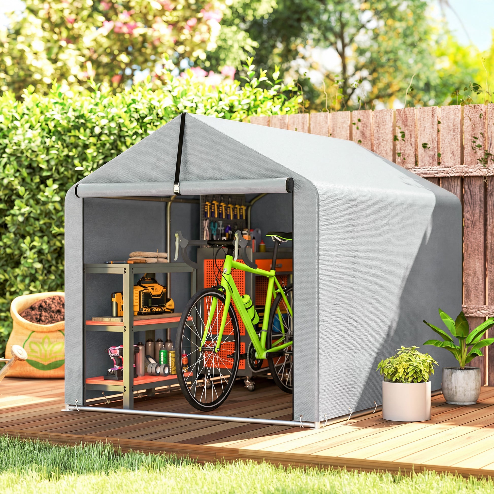 Outsunny Carpa de Jardín Exterior para Herramientas, Bicicletas, 1,6x2,2x1,6 m, Cobertizo Exterior con Marco de Acero Galvanizado, Puerta Enrollable, Impermeable, Anti-UV, Garaje Portátil, Gris