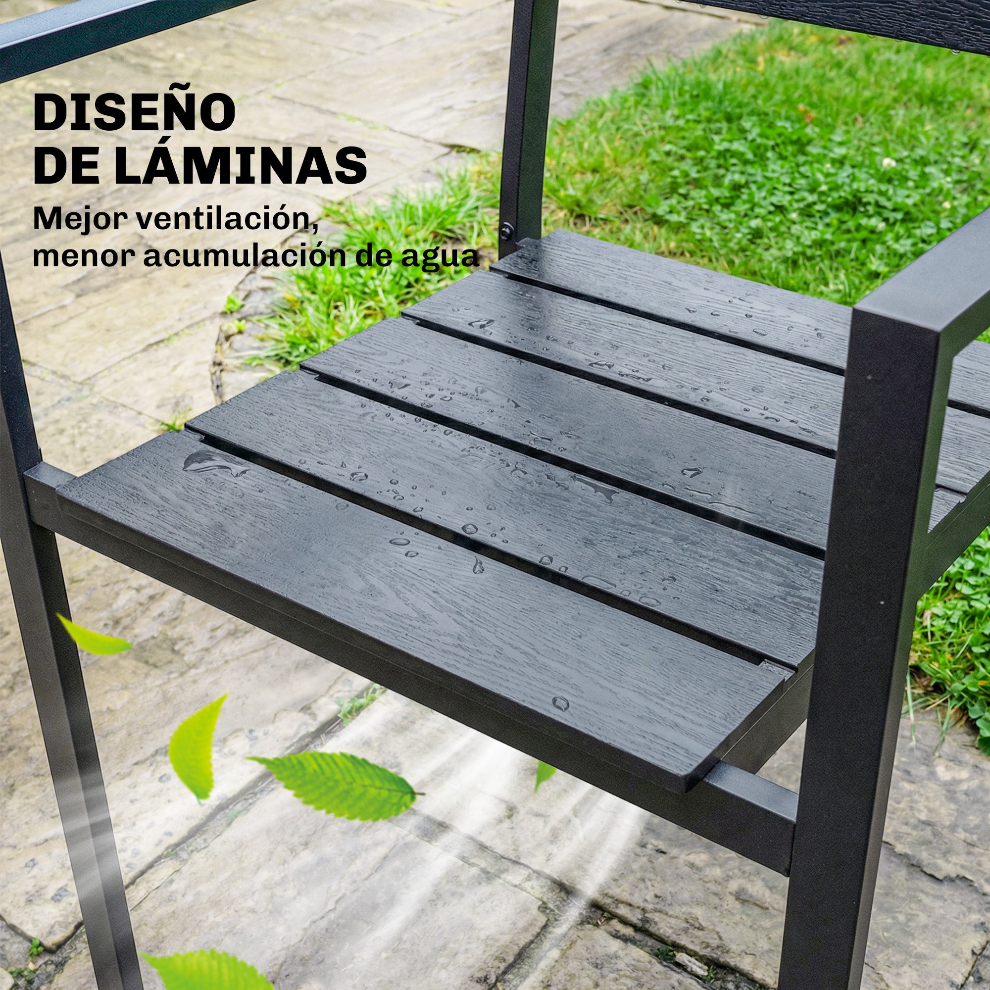 Outsunny Juego de 4 Sillas de Jardín Exterior Apilables, Sillas Terraza Exterior con Reposabrazos, Asiento y Respaldo de HDPE con Listones, Estructura Metálica Resistente, 52x51x90 cm, Negro