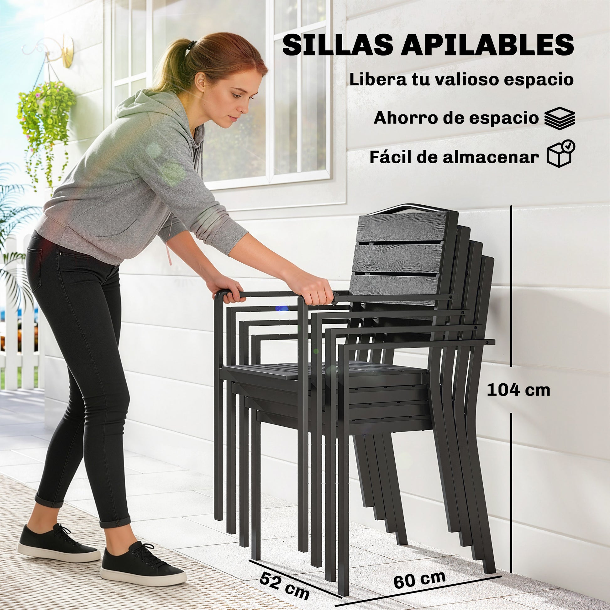 Outsunny Juego de 4 Sillas de Jardín Exterior Apilables, Sillas Terraza Exterior con Reposabrazos, Asiento y Respaldo de HDPE con Listones, Estructura Metálica Resistente, 52x51x90 cm, Negro