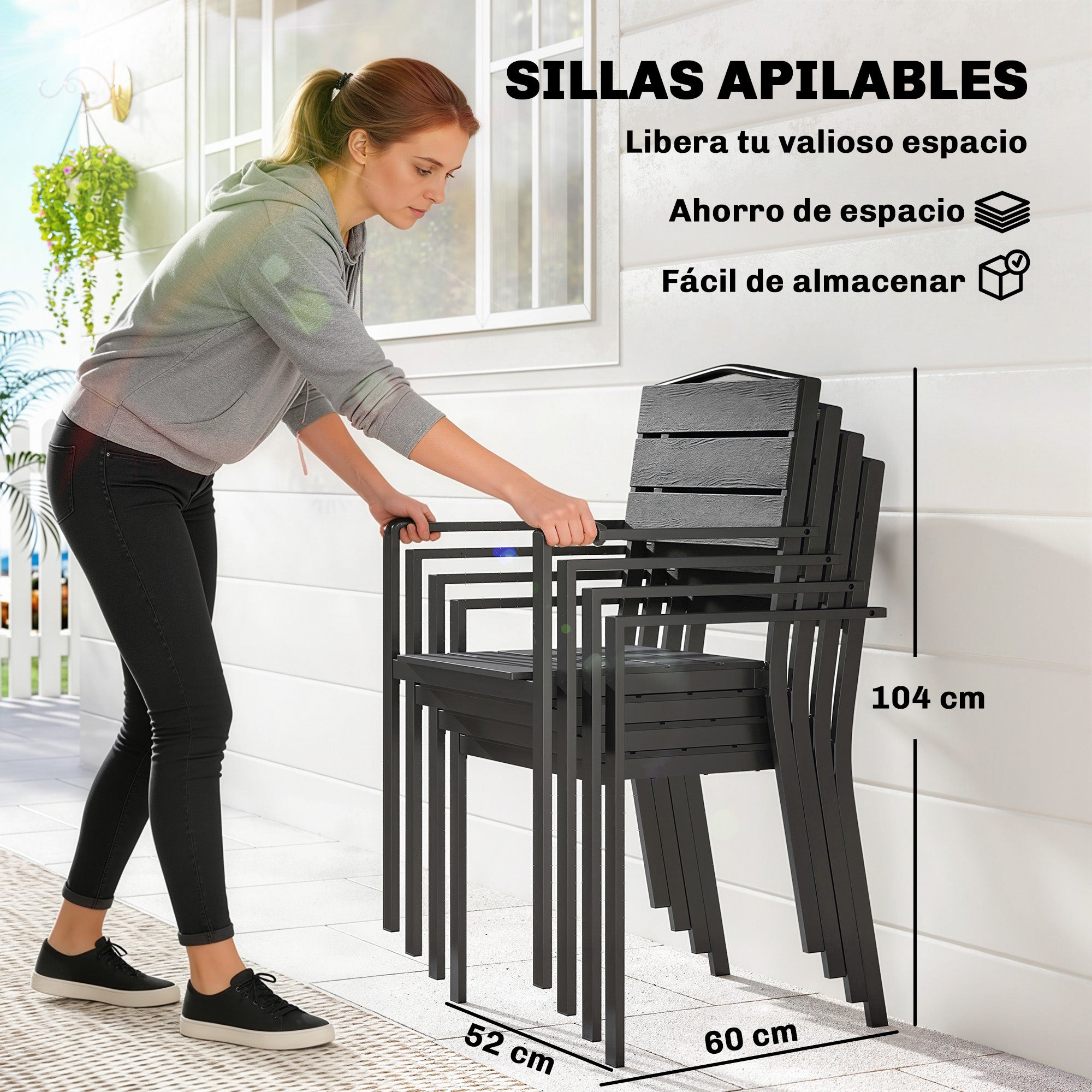 Outsunny Juego de 4 Sillas de Jardín Exterior Apilables, Sillas Terraza Exterior con Reposabrazos, Asiento y Respaldo de HDPE con Listones, Estructura Metálica Resistente, 52x51x90 cm, Negro