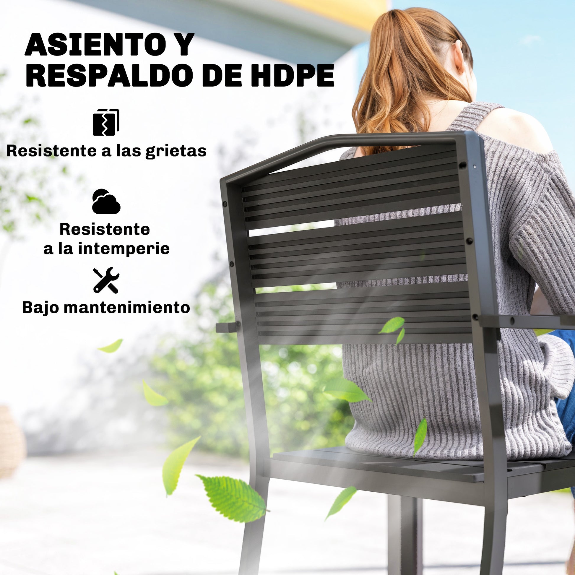 Outsunny Juego de 4 Sillas de Jardín Exterior Apilables, Sillas Terraza Exterior con Reposabrazos, Asiento y Respaldo de HDPE con Listones, Estructura Metálica Resistente, 52x51x90 cm, Negro