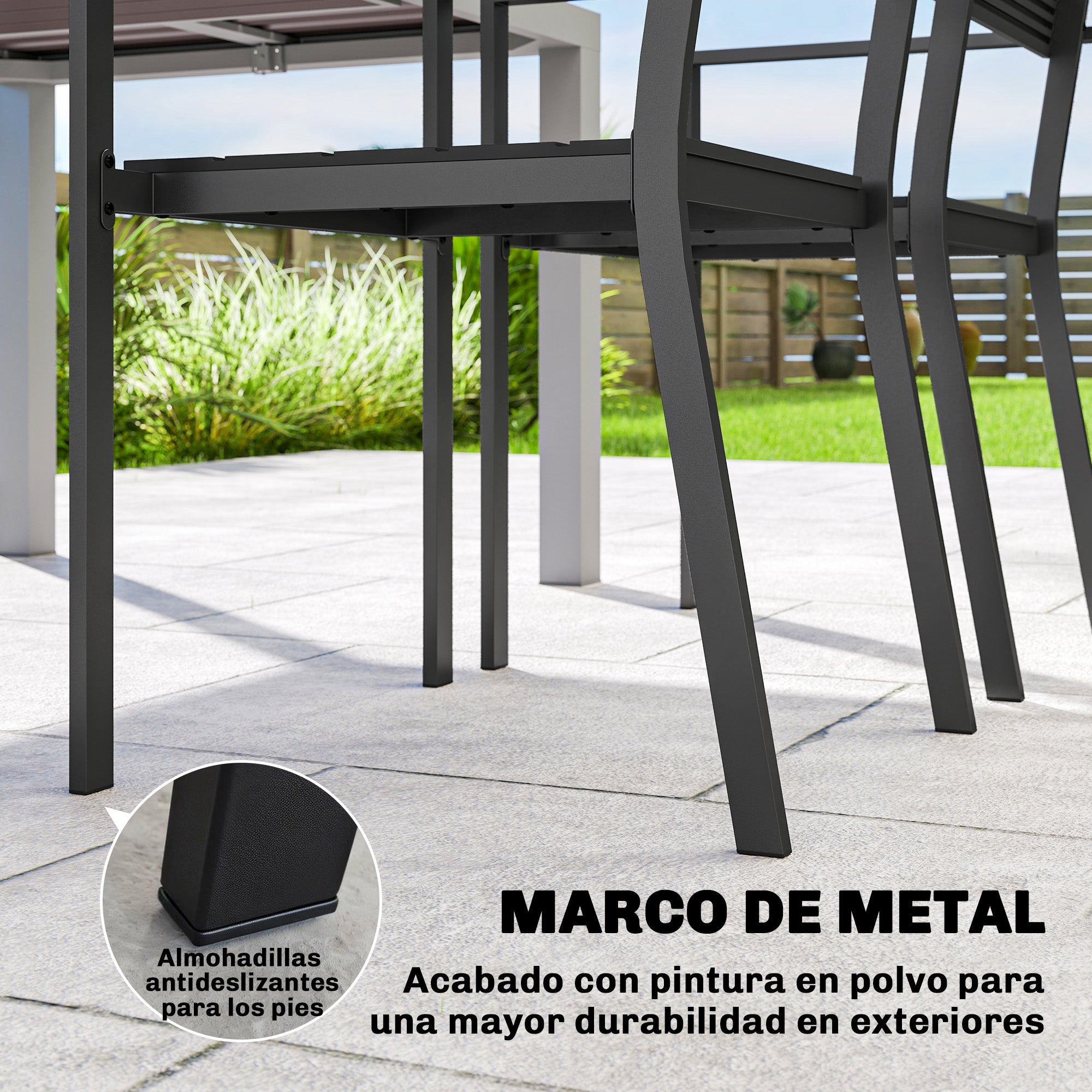 Outsunny Juego de 4 Sillas de Jardín Exterior Apilables, Sillas Terraza Exterior con Reposabrazos, Asiento y Respaldo de HDPE con Listones, Estructura Metálica Resistente, 52x51x90 cm, Negro