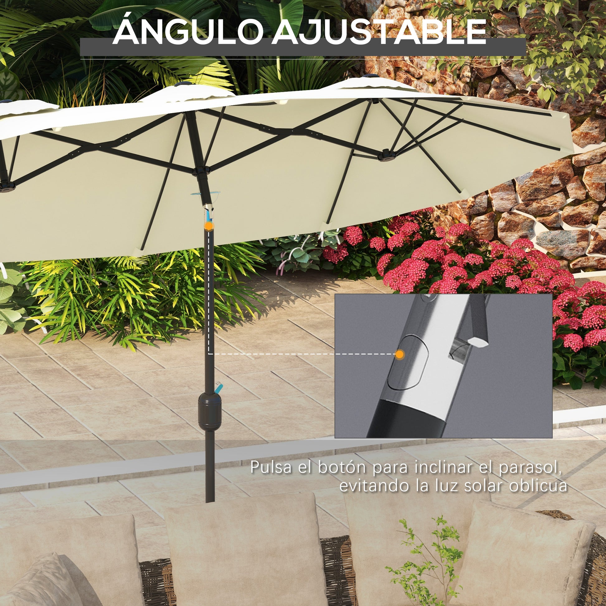 Outsunny Sombrilla Doble 2,95x1,52 m Sombrilla Terraza Exterior con Inclinación de 45° Manivela Manual y 3 Orificios de Ventilación Sombrilla Grande para Terraza Playa Piscina Beige