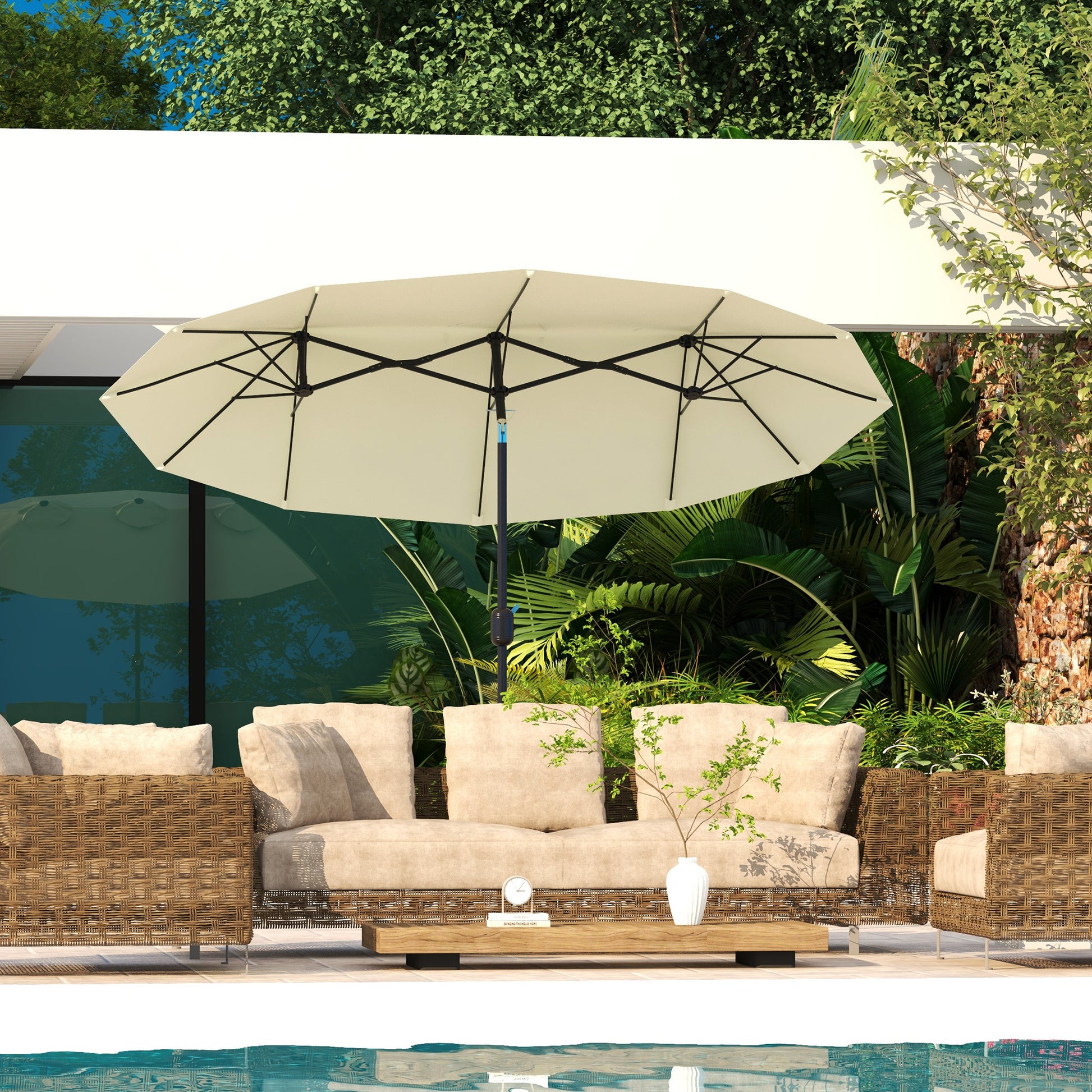 Outsunny Sombrilla Doble 2,95x1,52 m Sombrilla Terraza Exterior con Inclinación de 45° Manivela Manual y 3 Orificios de Ventilación Sombrilla Grande para Terraza Playa Piscina Beige