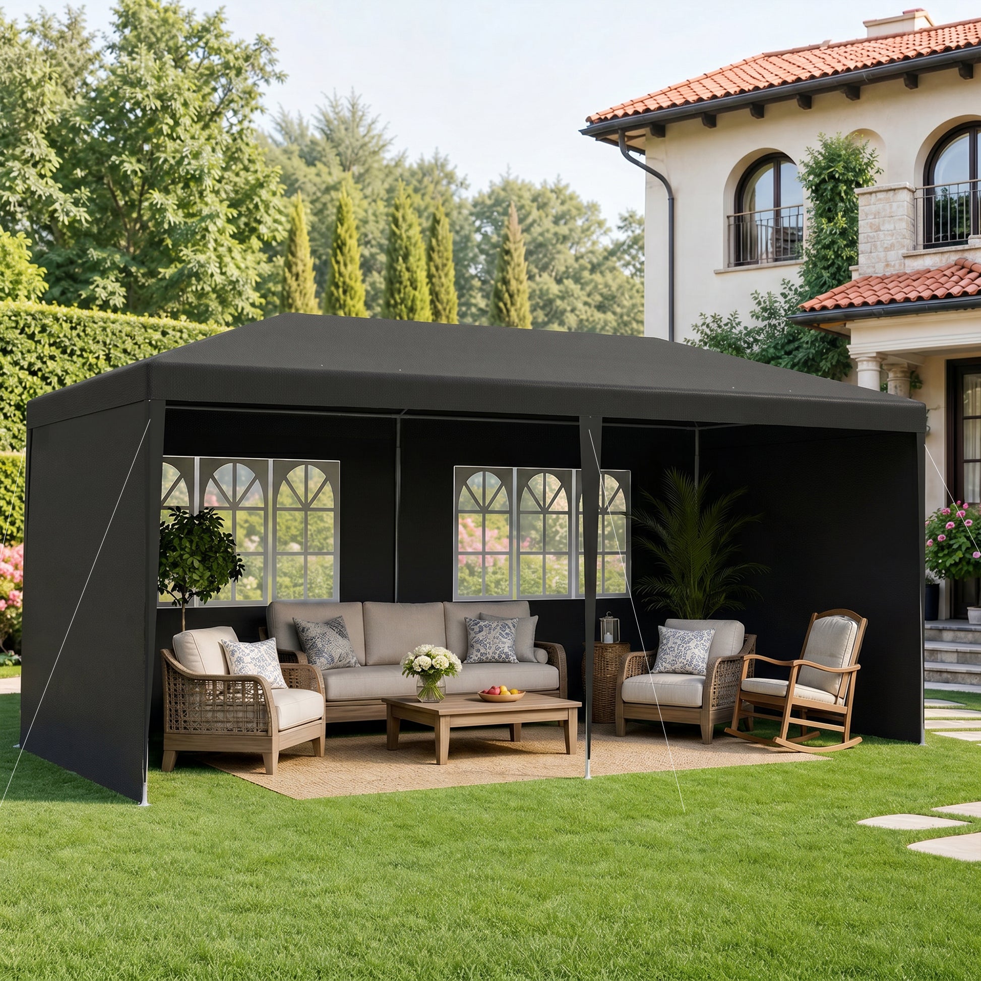 Outsunny Carpa de Jardín 6x3 m Cenador Pabellón de Jardín con 4 Paredes Laterales y 2 Ventanas Visibles, Marco de Acero, Anti-UV, Impermeable, Gazebo para Patio, Exterior, Camping, Gris Oscuro
