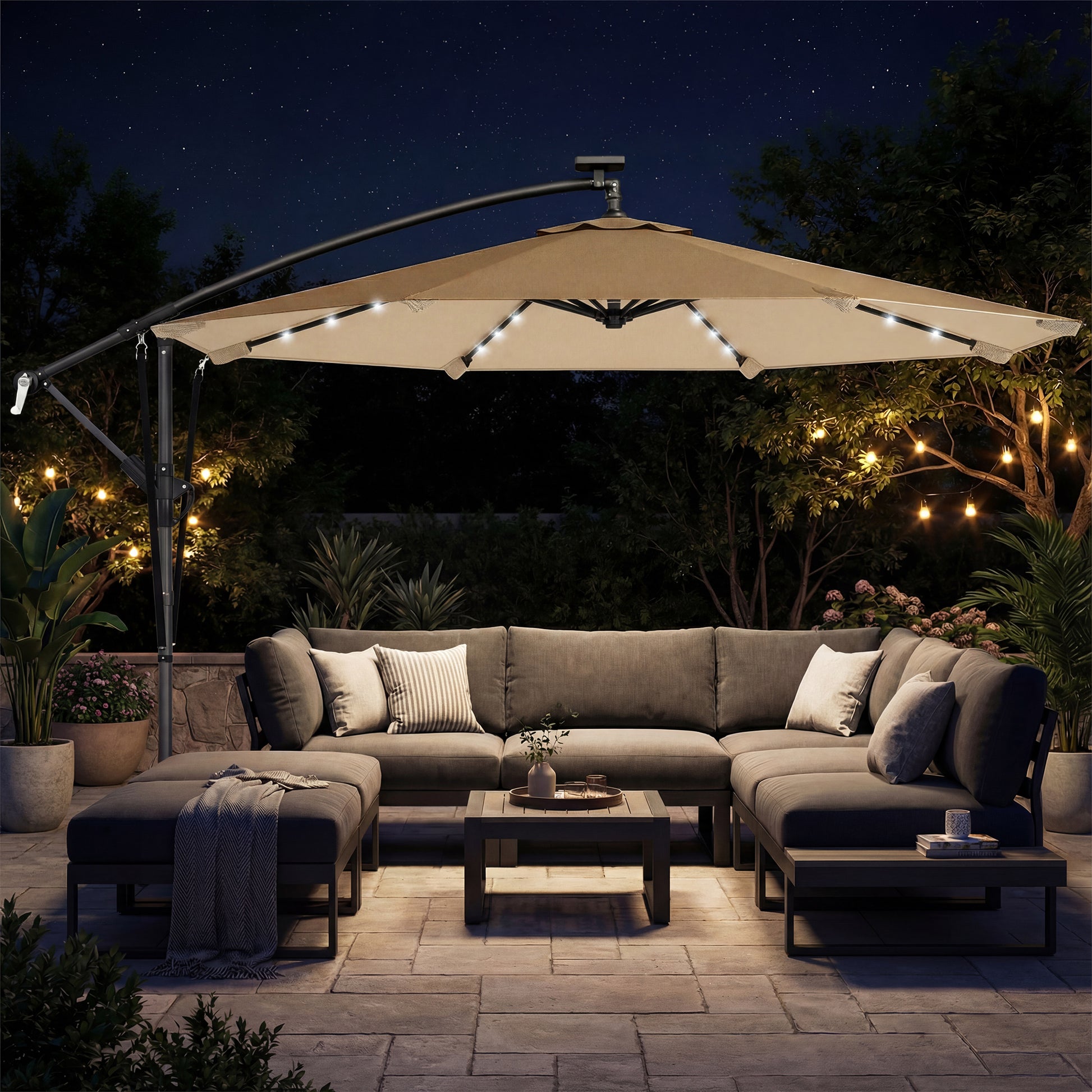 Outsunny Parasol Excéntrico con Luces LED Solares, Ø330 cm, Sombrilla de Jardín con Base Cruzada, Manivela, Funda Protectora y Cuerda de Viento, Anti-UV 50+, para Terraza, Patio, Caqui
