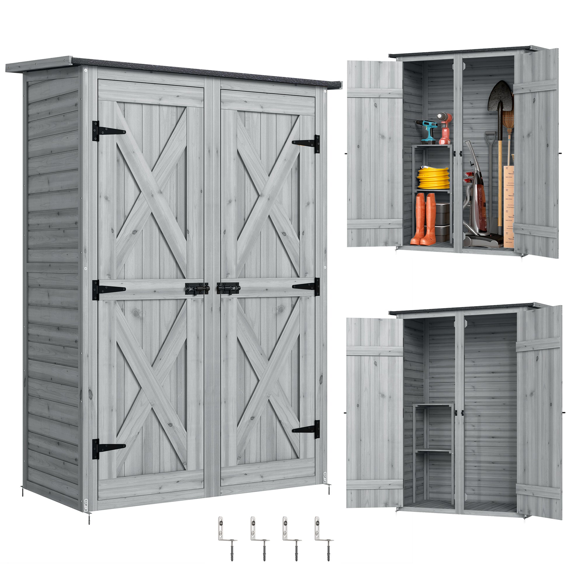 Outsunny Caseta de Jardín de Madera 115x53x156 cm Cobertizo Jardín Exterior Armario Exterior para Herramientas con Puertas Dobles con Pestillo 2 Estantes y Techo Inclinado Fijación con Estacas Gris