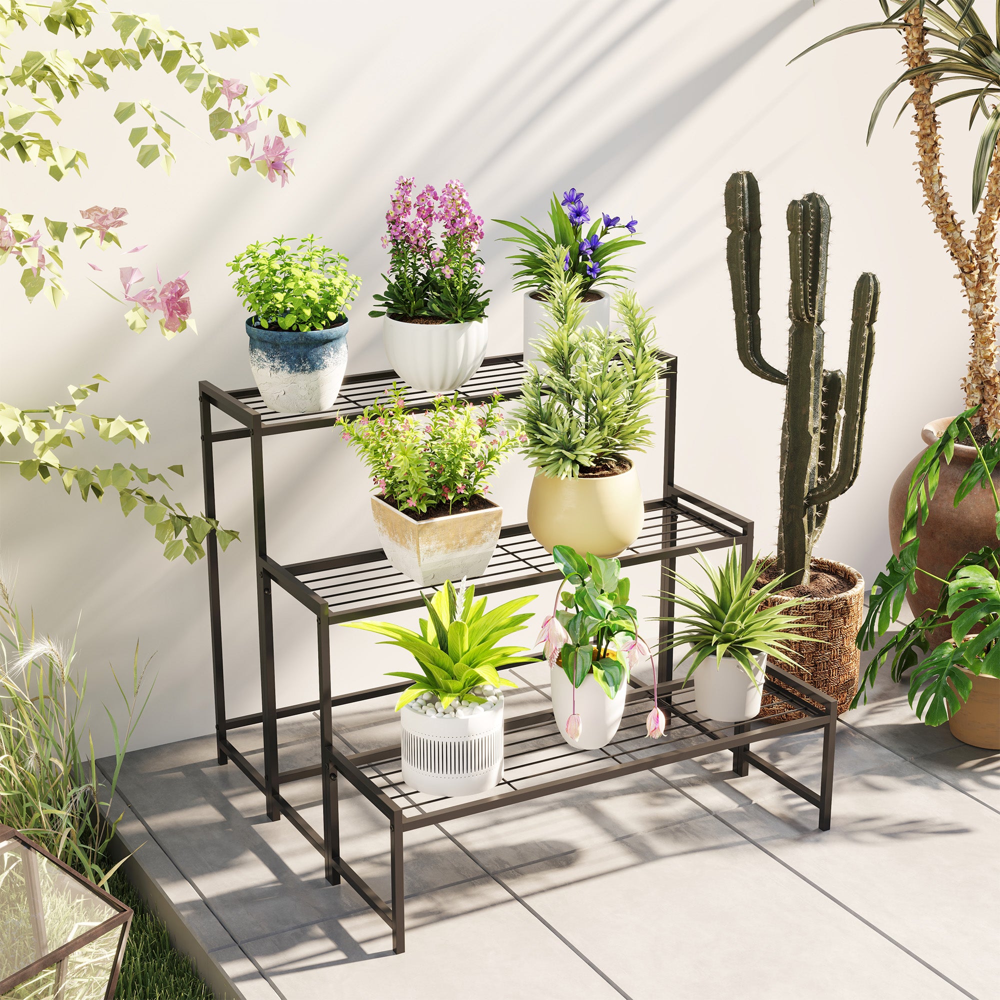 Outsunny Soporte para Plantas de 3 Niveles Estantería para Plantas para Esquina Diseño en Escalera Soporte para Macetas Interior y Exterior 75x70x66 cm Negro