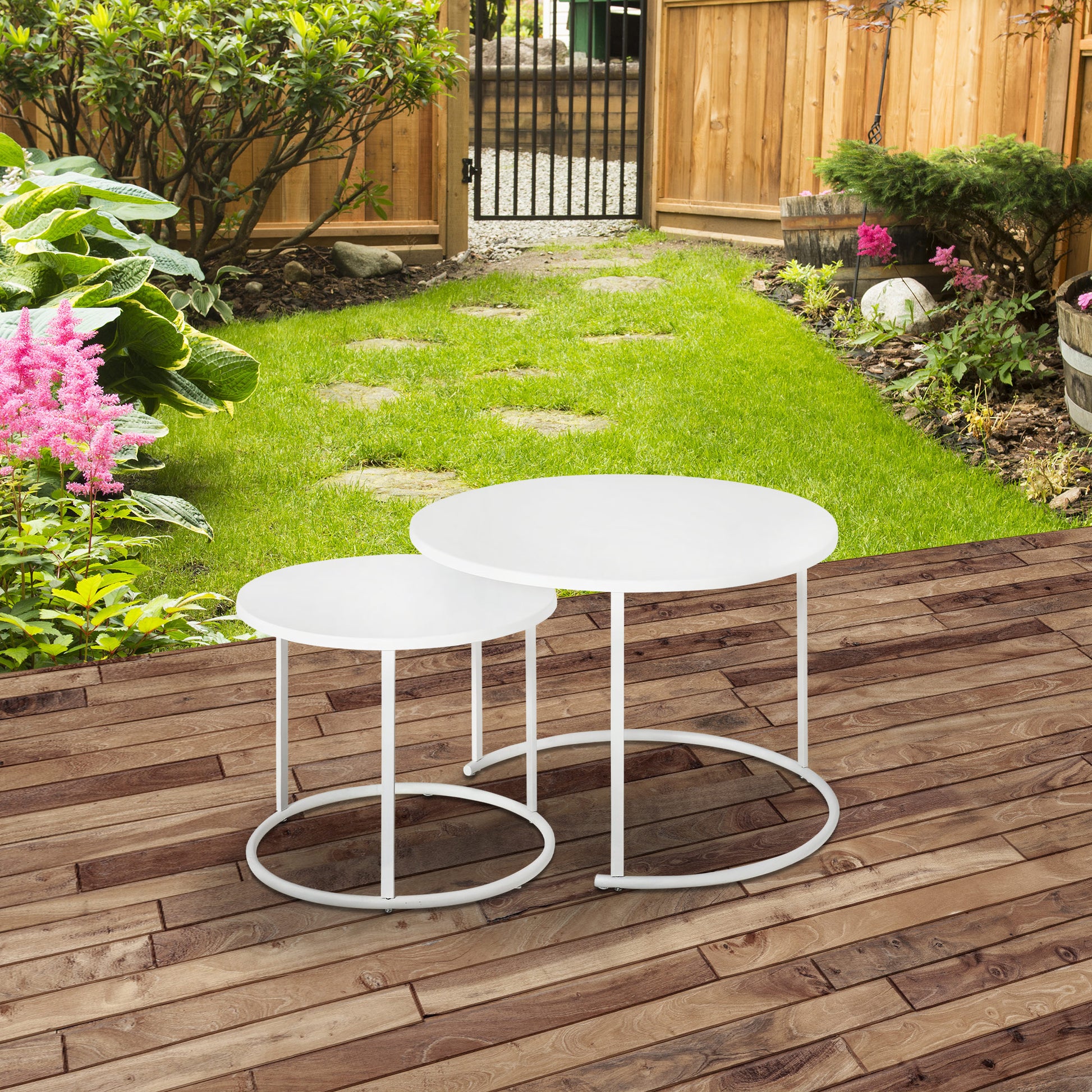 Outsunny Juego de 2 Mesas de Café Ø70x50 cm y Φ50x43 cm Mesitas Auxiliares Redondas de Metal para Jardín Salón Domitorio Carga Máxima de 25 kg Blanco