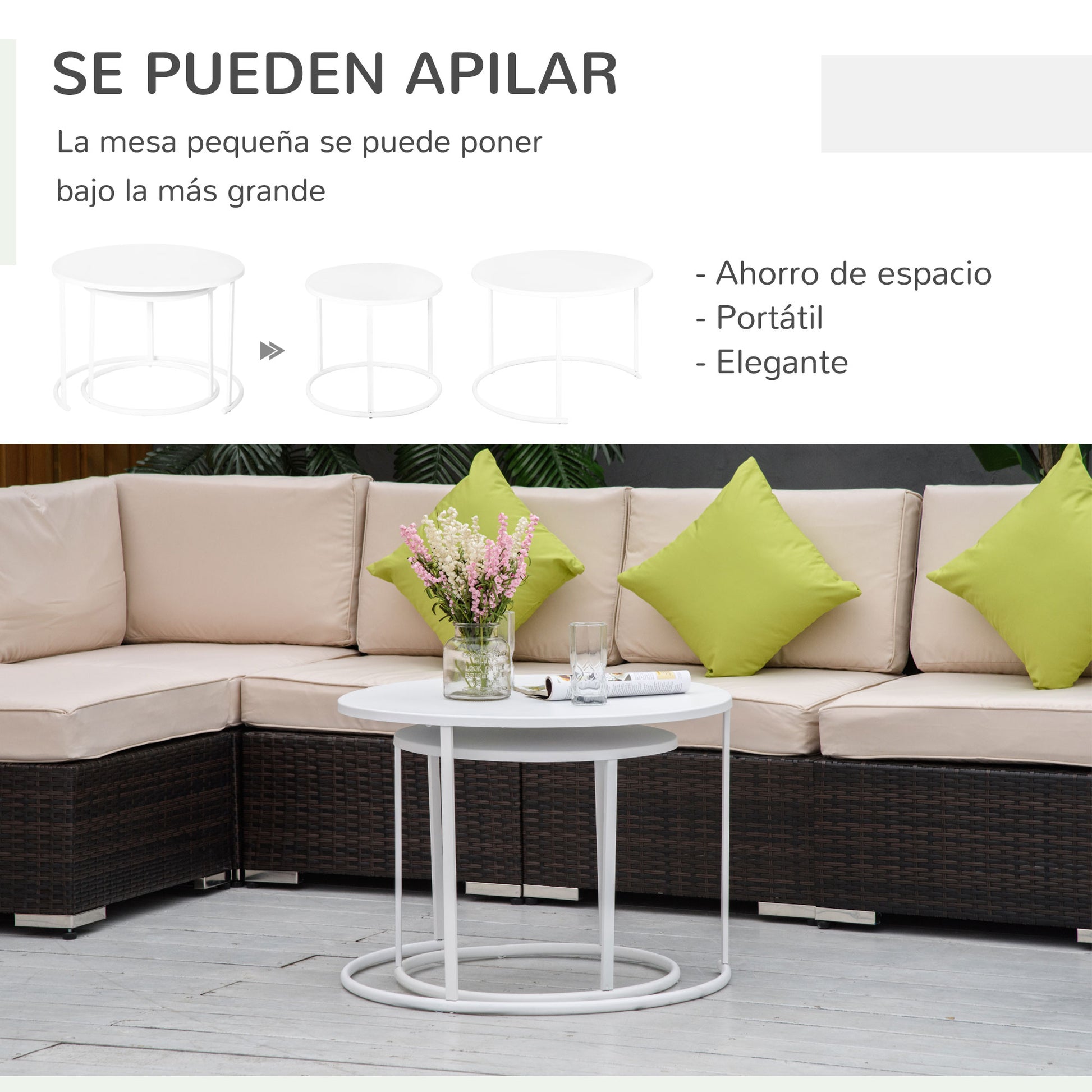 Outsunny Juego de 2 Mesas de Café Ø70x50 cm y Φ50x43 cm Mesitas Auxiliares Redondas de Metal para Jardín Salón Domitorio Carga Máxima de 25 kg Blanco