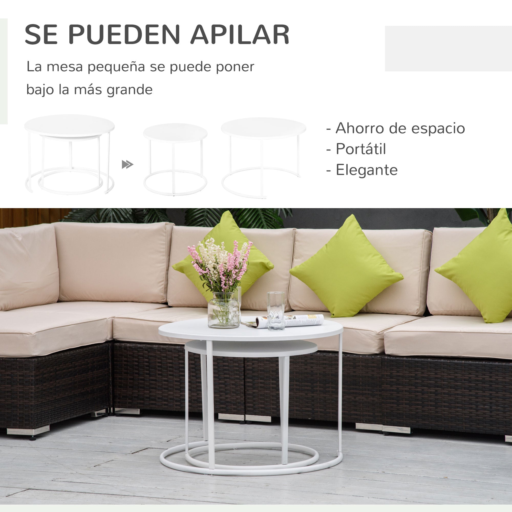Outsunny Juego de 2 Mesas de Café Ø70x50 cm y Φ50x43 cm Mesitas Auxiliares Redondas de Metal para Jardín Salón Domitorio Carga Máxima de 25 kg Blanco