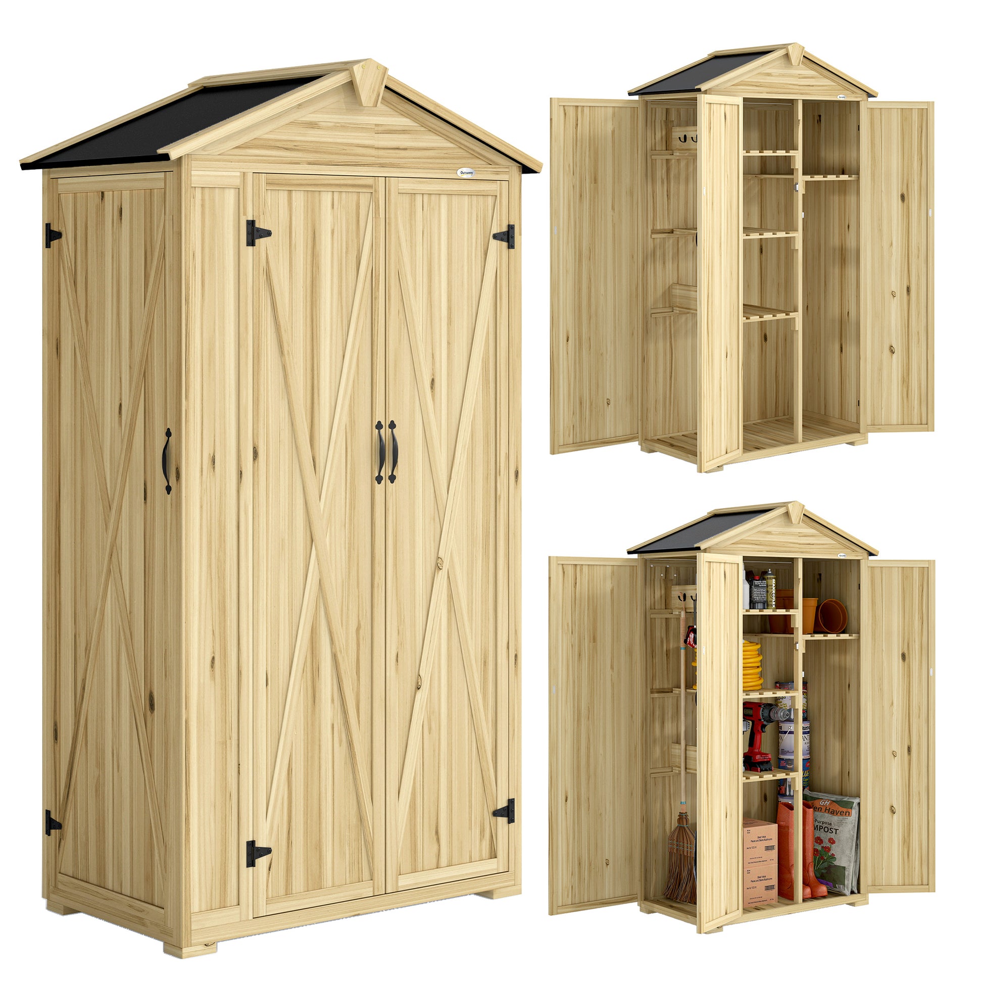Outsunny Caseta de Jardín de Madera 93x53x168 cm, Cobertizo Jardín Exterior, Armario Exterior para Herramientas con Puertas Bloqueables, 4 Estantes, Techo Asfáltico Inclinado y Ganchos, Madera Natural