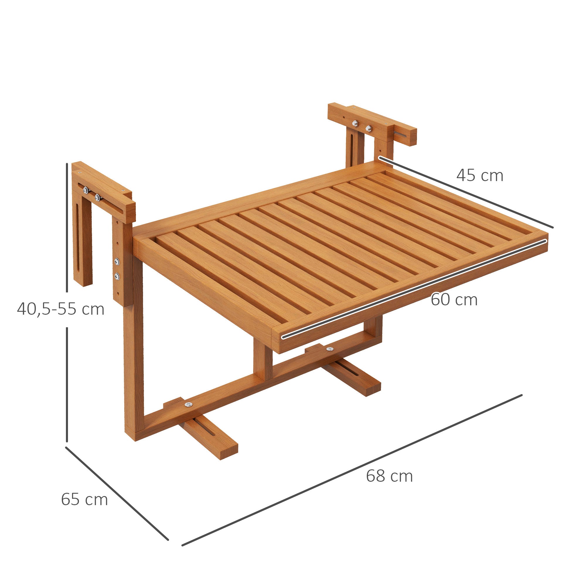 Outsunny Mesa Colgante de Balcón Mesa para Balcón Plegable de Madera con Altura Ajustable en 4 Niveles Carga 20 kg para Terraza 68x65x40,5-55 cm Madera Natural