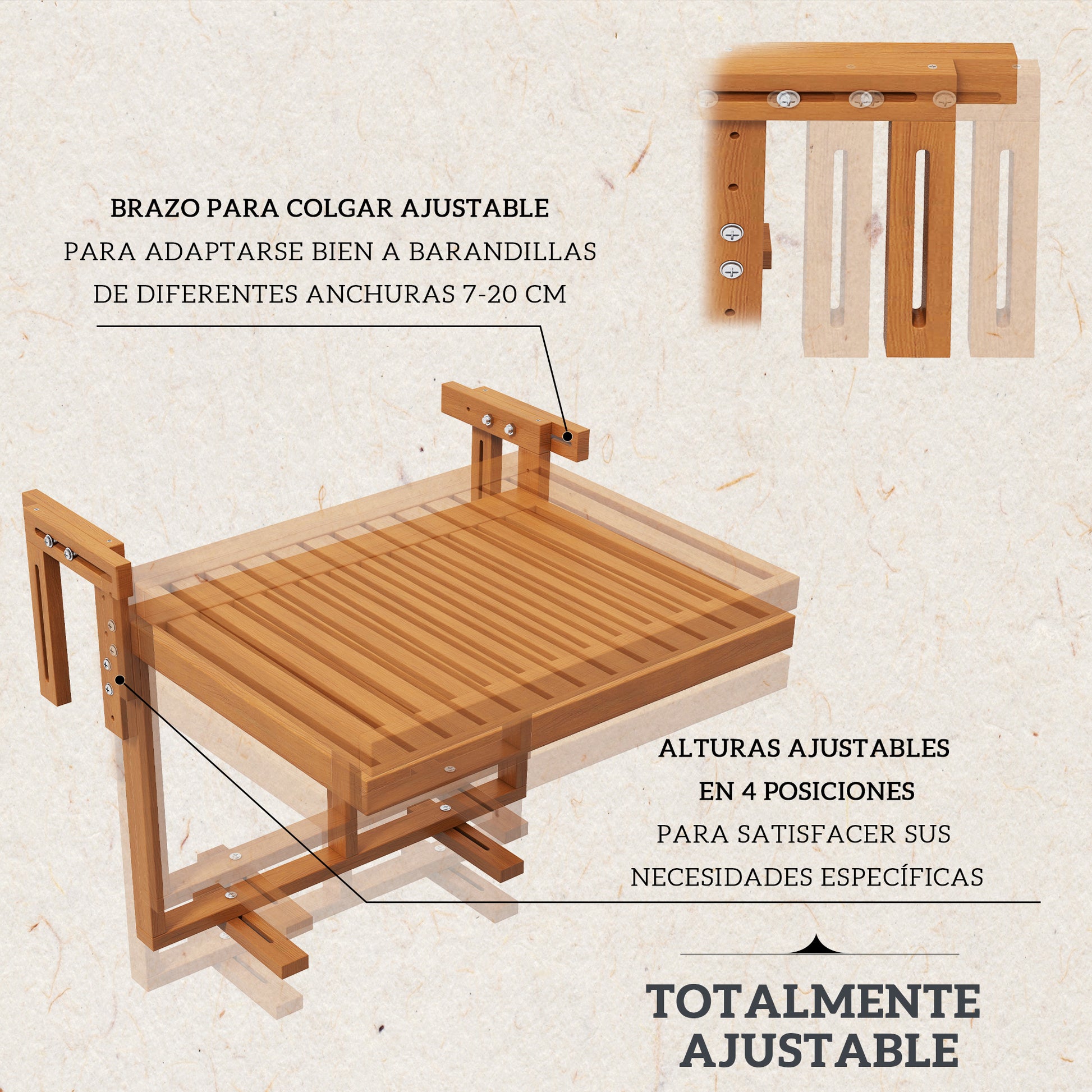 Outsunny Mesa Colgante de Balcón Mesa para Balcón Plegable de Madera con Altura Ajustable en 4 Niveles Carga 20 kg para Terraza 68x65x40,5-55 cm Madera Natural