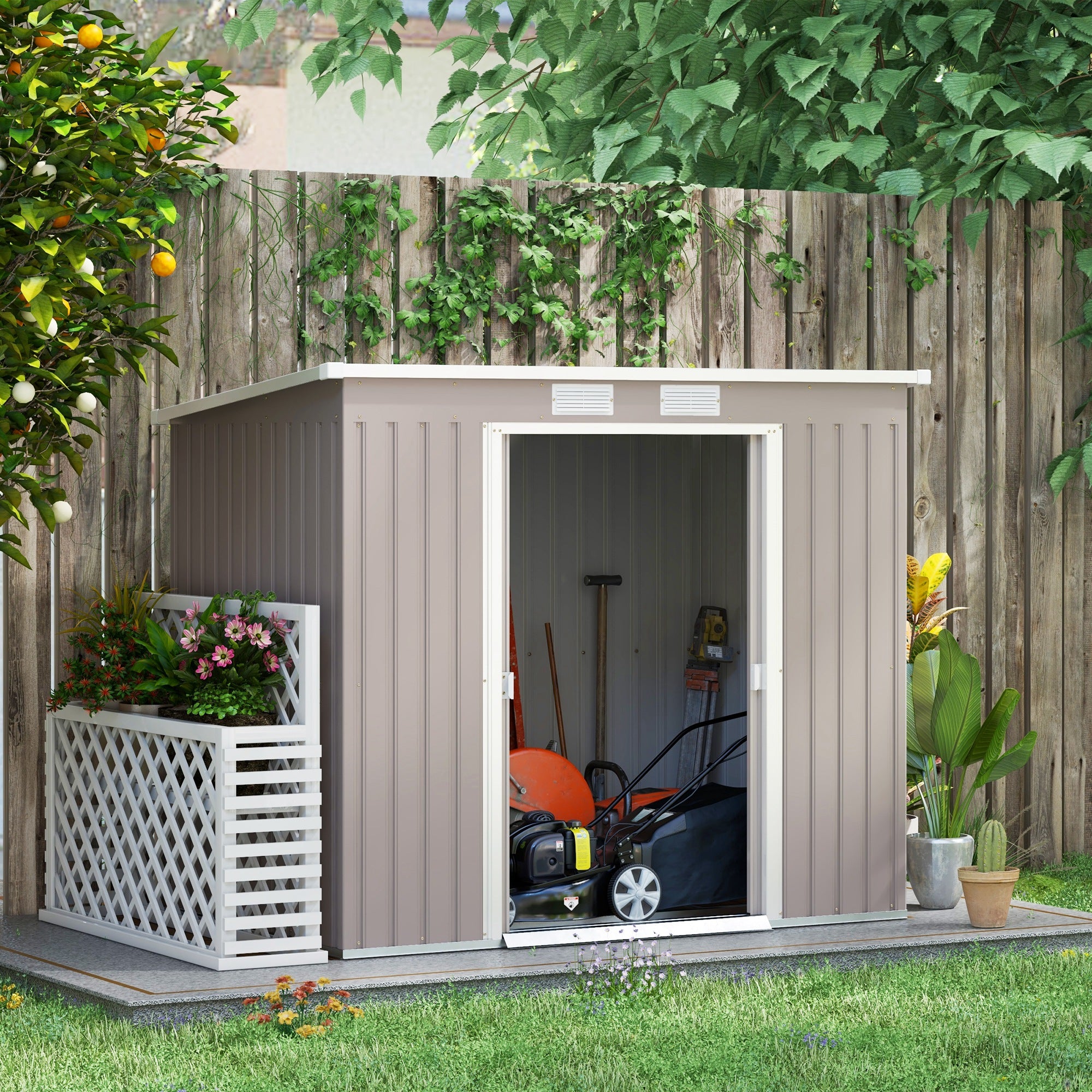 Outsunny Caseta de Jardín Exterior 3,2 m² 213x130x172 cm Cobertizo de Jardín Exterior con Puerta Corredera Techo Inclinado Base Refuerzo (Suelo NO Incluido) y 2 Ventanas Gris Claro