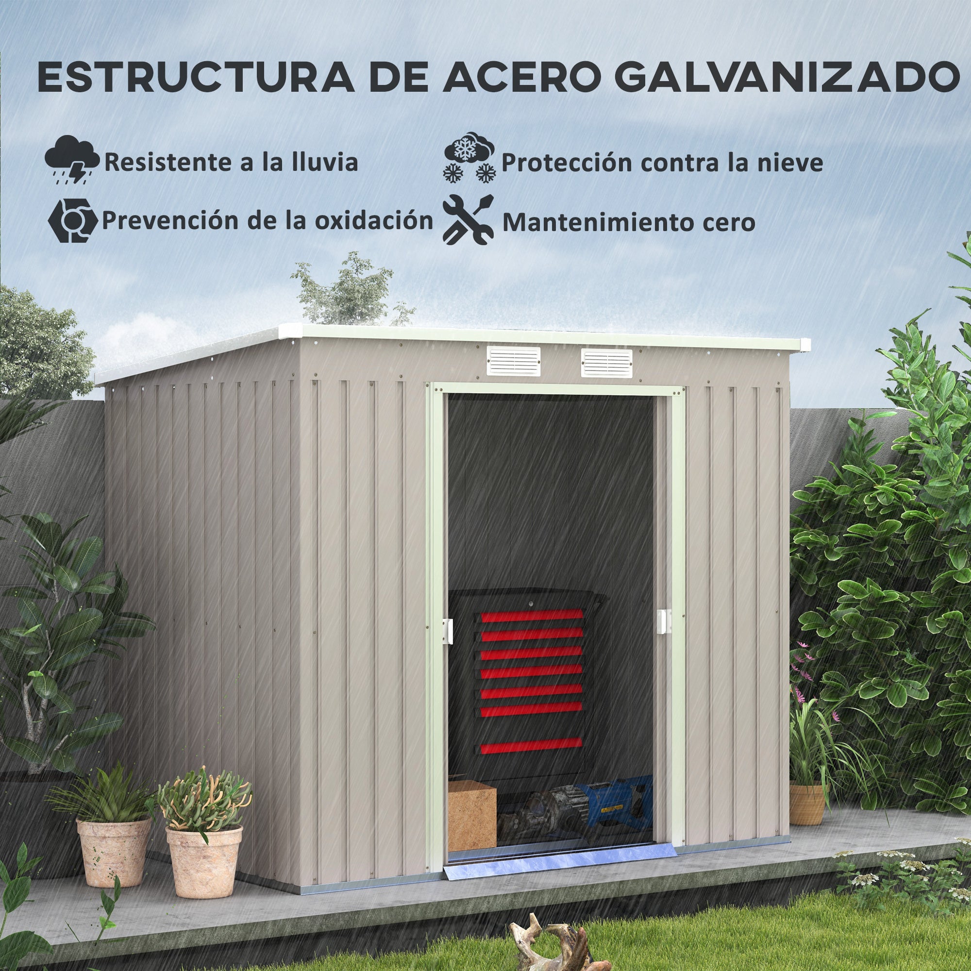 Outsunny Caseta de Jardín Exterior 3,2 m² 213x130x172 cm Cobertizo de Jardín Exterior con Puerta Corredera Techo Inclinado Base Refuerzo (Suelo NO Incluido) y 2 Ventanas Gris Claro