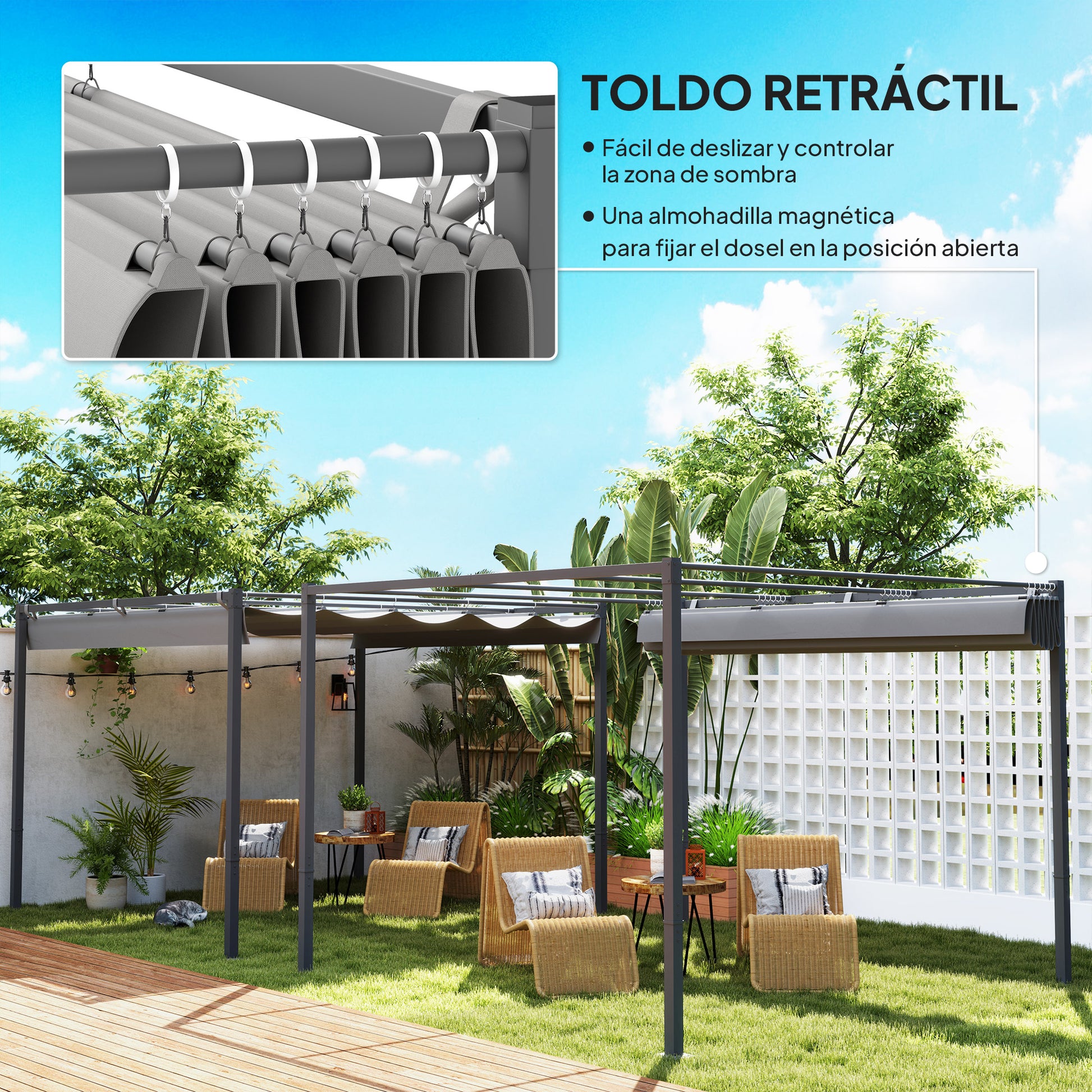Outsunny Pérgola con Techo Retráctil Pérgola de 3x3 m Cenador de Pared o Independiente con Cierre Magnético Protección UV30+ Pabellón para Jardín Patio Terraza Exterior Gris