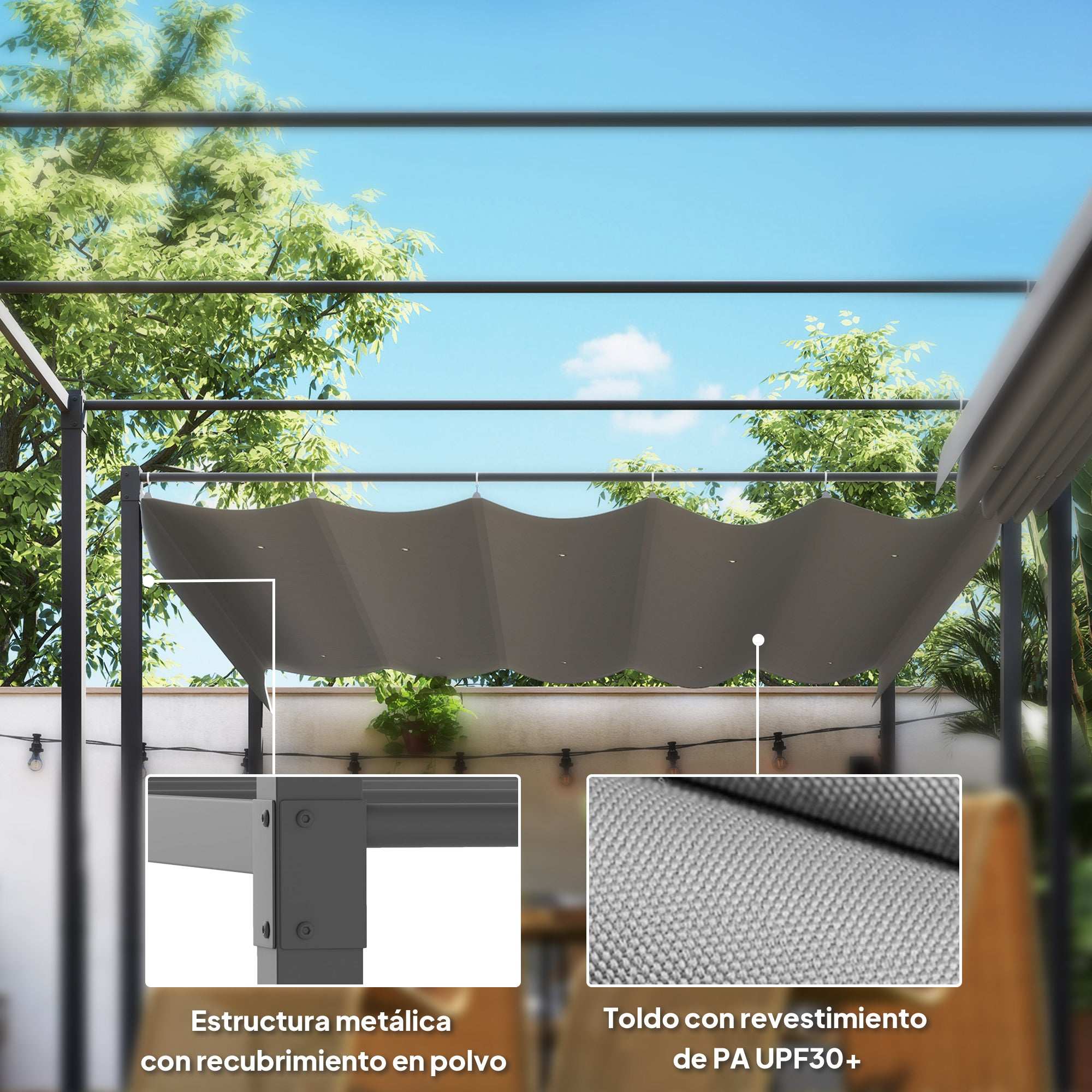 Outsunny Pérgola con Techo Retráctil Pérgola de 3x3 m Cenador de Pared o Independiente con Cierre Magnético Protección UV30+ Pabellón para Jardín Patio Terraza Exterior Gris