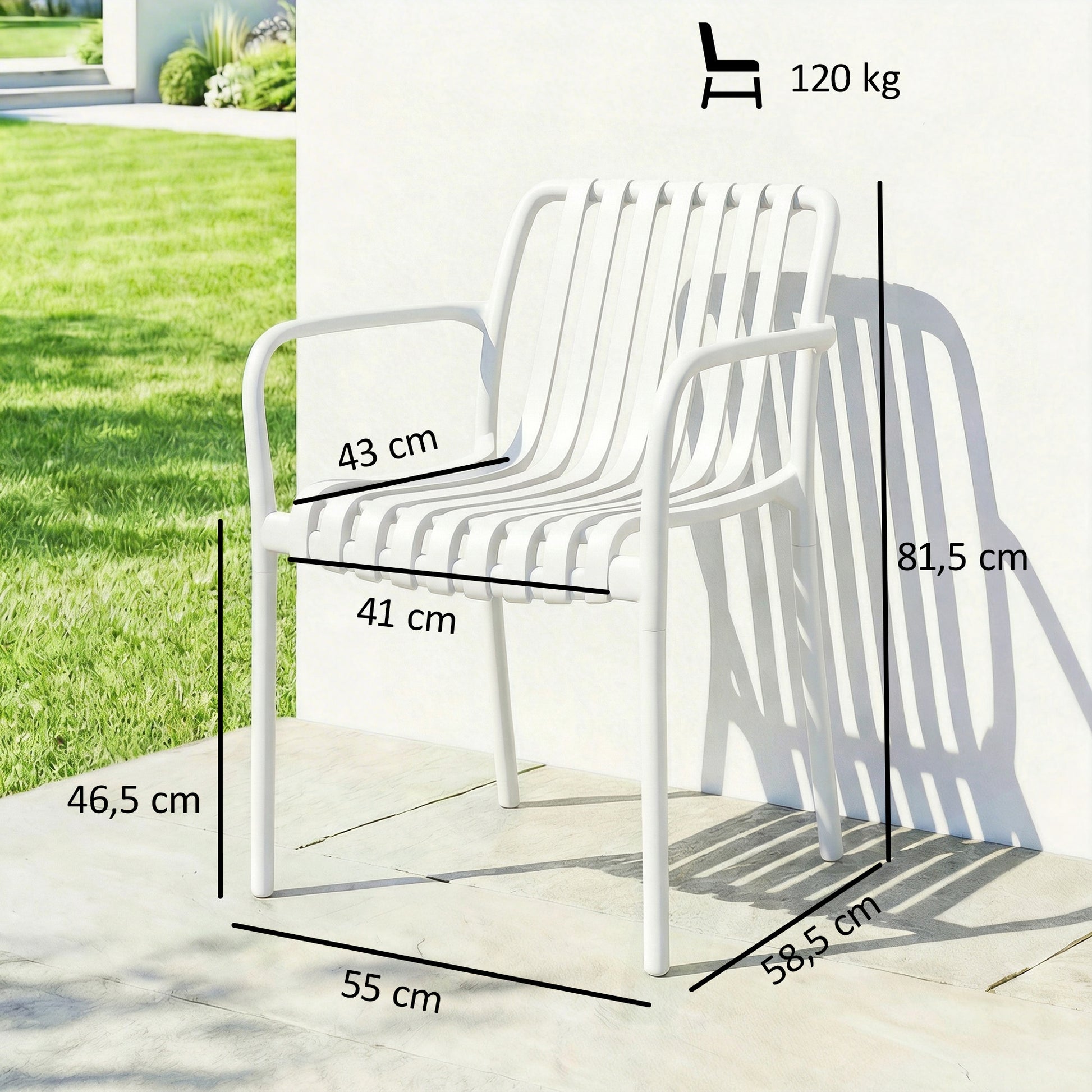 Outsunny Juego de 4 Sillas de Jardín Exterior Apilables, Sillas Terraza Exterior de PP con Respaldo Curvado, Asiento de Listones, Reposabrazos, 55x58,5x81,5 cm, Blanco