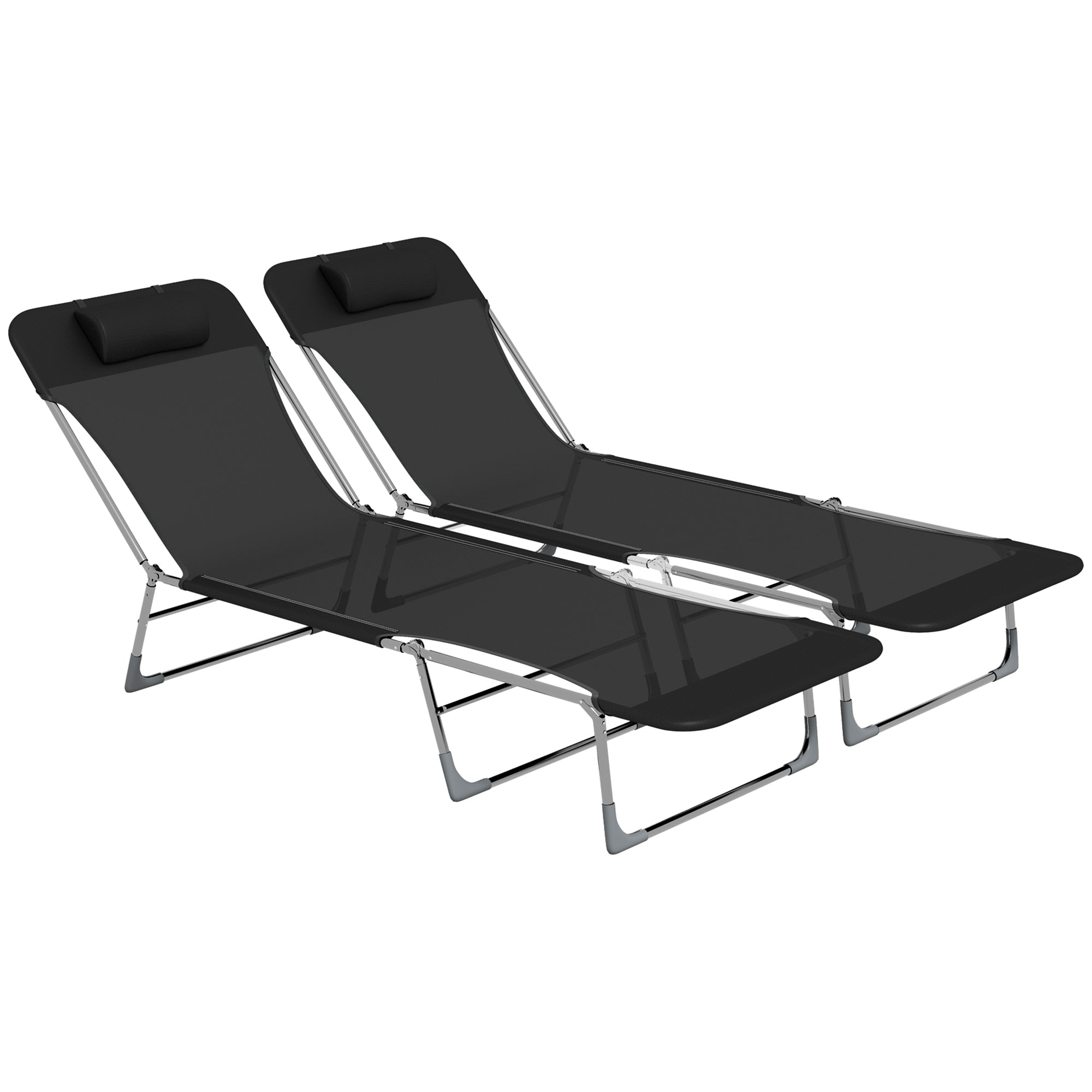 Outsunny Conjunto de 2 Tumbonas Plegables y Reclinables de Jardín con Reposacabezas y Respaldo Ajustable en 5 Niveles Carga 120 kg para Playa Terraza 182x56x24,5 cm Negro