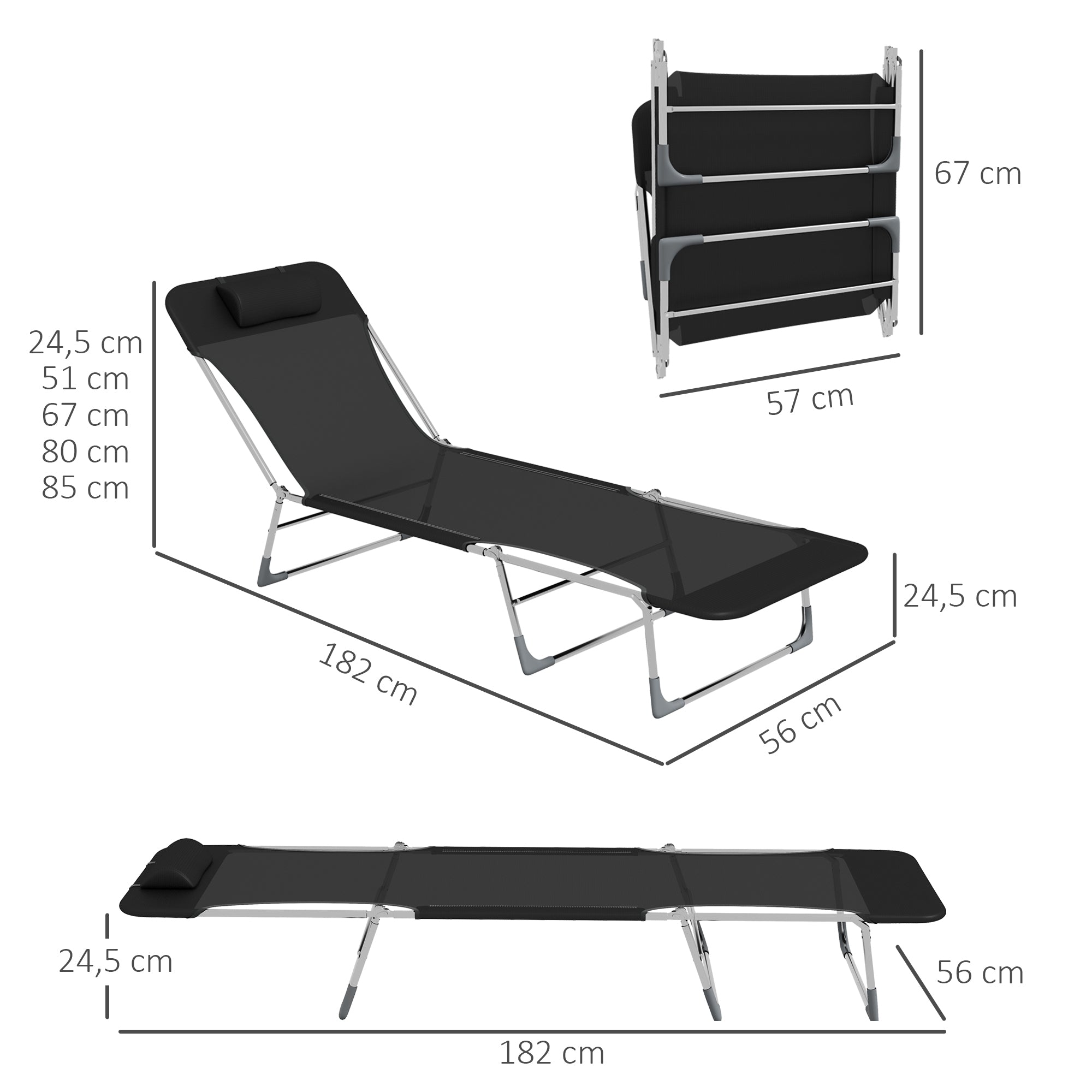 Outsunny Conjunto de 2 Tumbonas Plegables y Reclinables de Jardín con Reposacabezas y Respaldo Ajustable en 5 Niveles Carga 120 kg para Playa Terraza 182x56x24,5 cm Negro