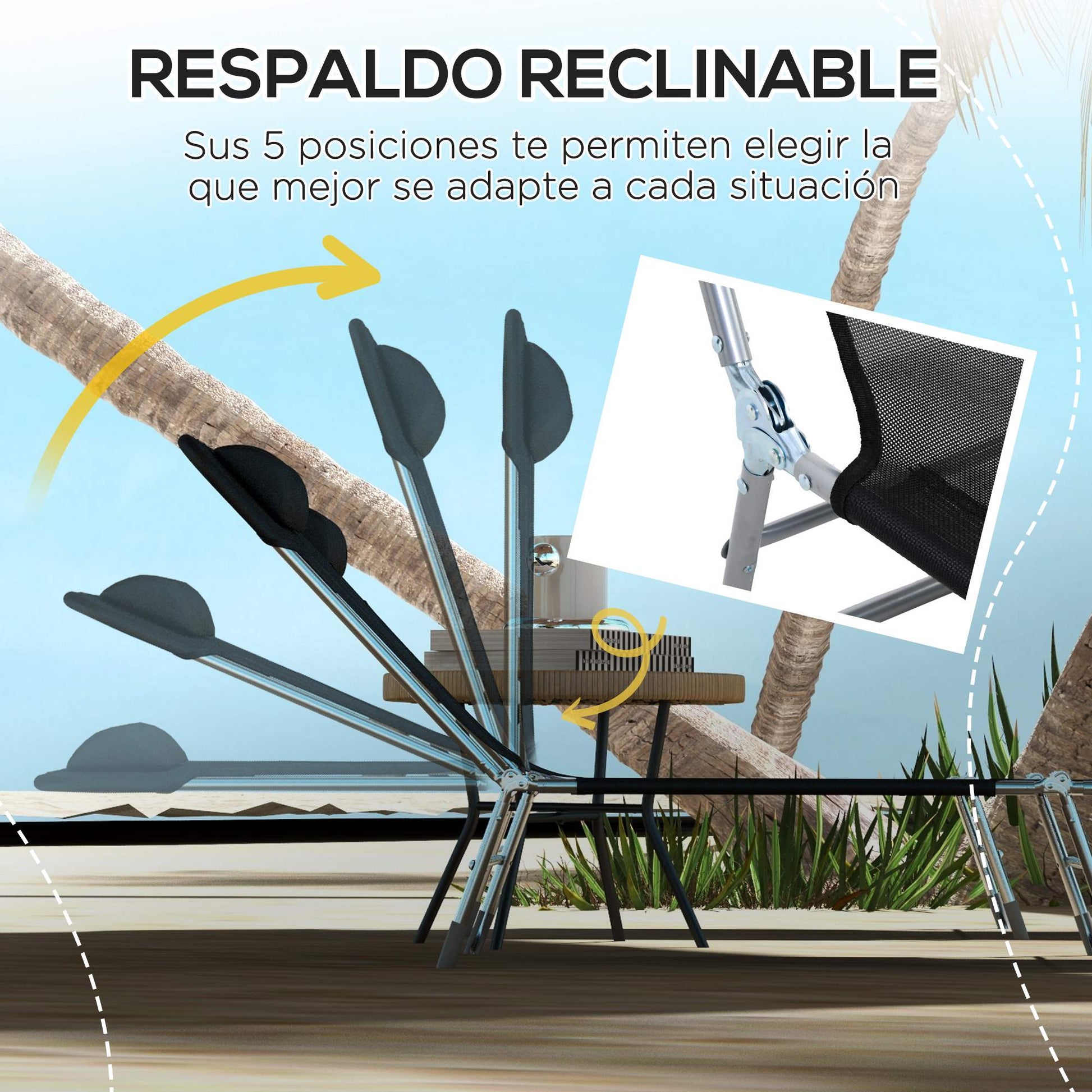 Outsunny Conjunto de 2 Tumbonas Plegables y Reclinables de Jardín con Reposacabezas y Respaldo Ajustable en 5 Niveles Carga 120 kg para Playa Terraza 182x56x24,5 cm Negro