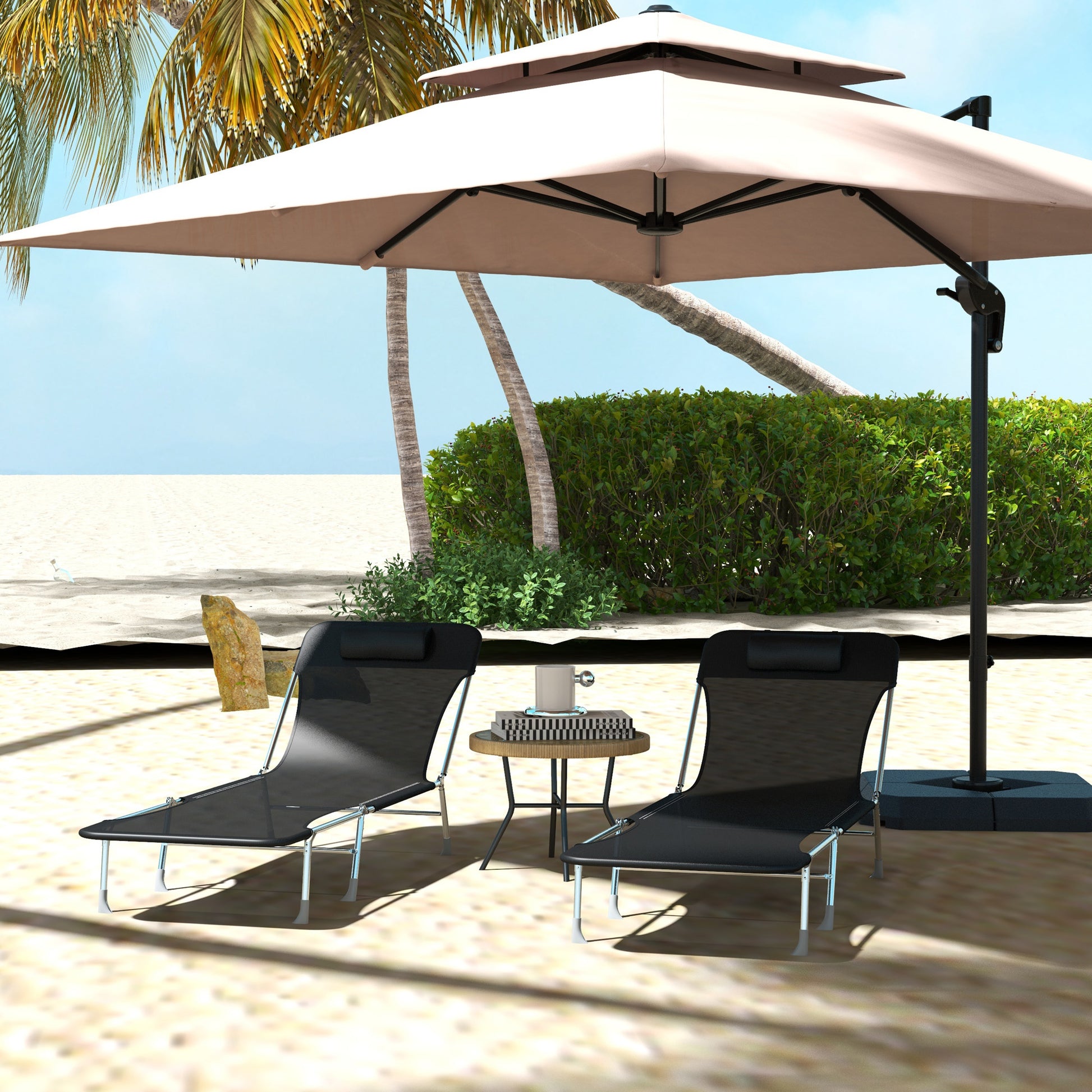 Outsunny Conjunto de 2 Tumbonas Plegables y Reclinables de Jardín con Reposacabezas y Respaldo Ajustable en 5 Niveles Carga 120 kg para Playa Terraza 182x56x24,5 cm Negro