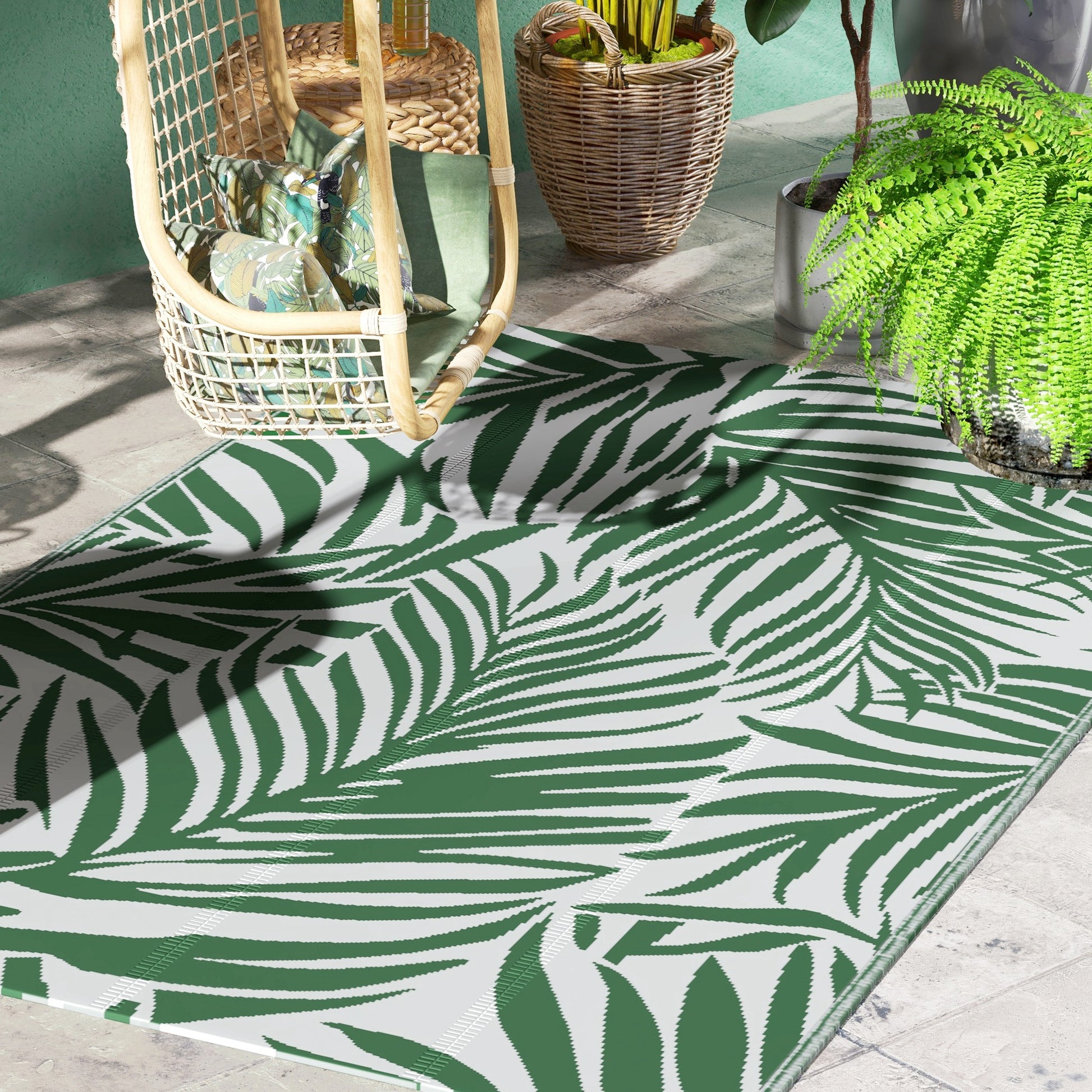 Outsunny Alfombra de Exterior 152x243 cm Alfombra Reversible con Patrón de Hojas para Terraza Balcón Patio Camping Playa Verde Oscuro y Blanco