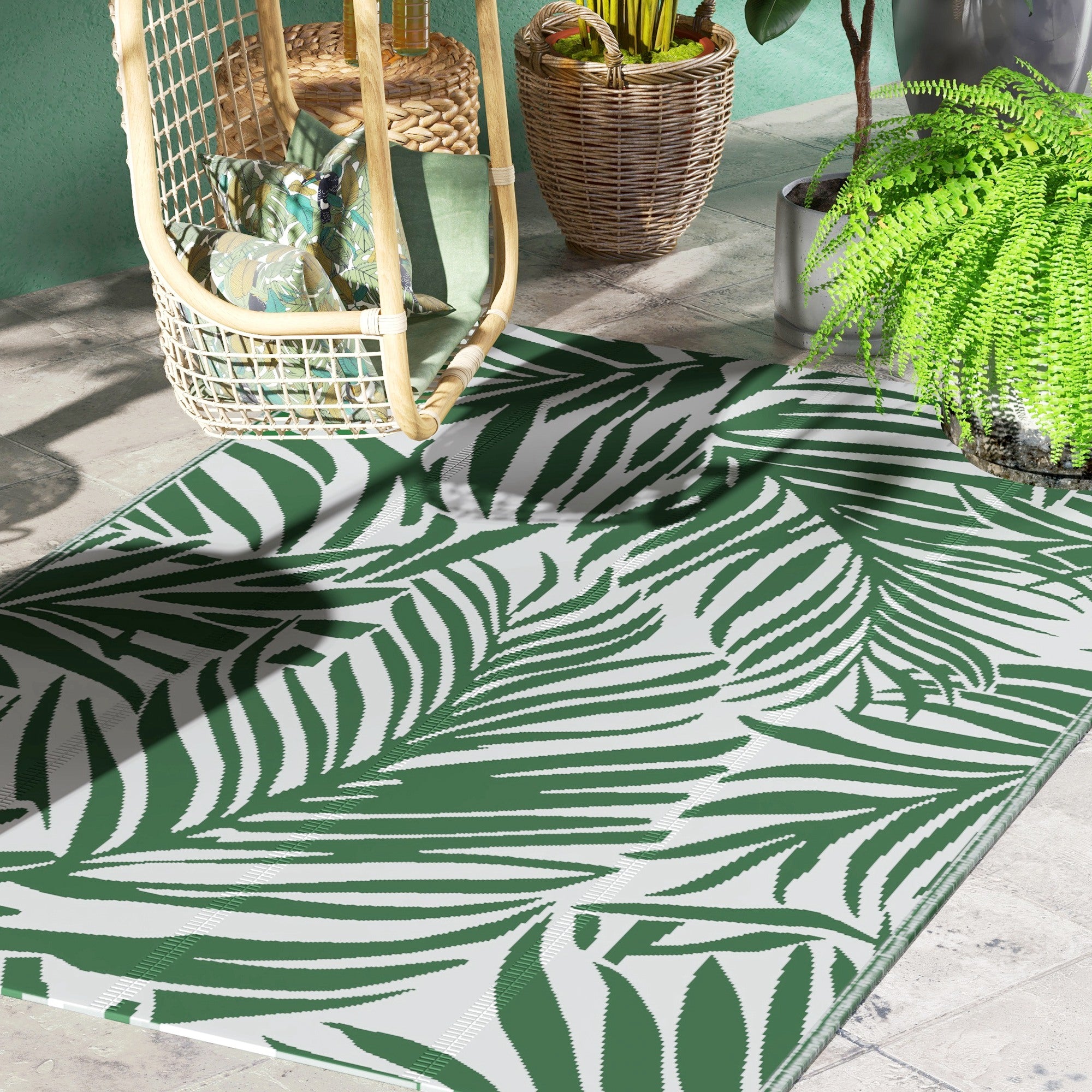 Outsunny Alfombra de Exterior 152x243 cm Alfombra Reversible con Patrón de Hojas para Terraza Balcón Patio Camping Playa Verde Oscuro y Blanco