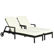 Outsunny Conjunto de 2 Tumbonas de Ratán de Jardín con Cojines Acolchados Respaldo Ajustable en 5 Posiciones 2 Ruedas y Tela Extraíble Lavable 67x196x51 cm Negro