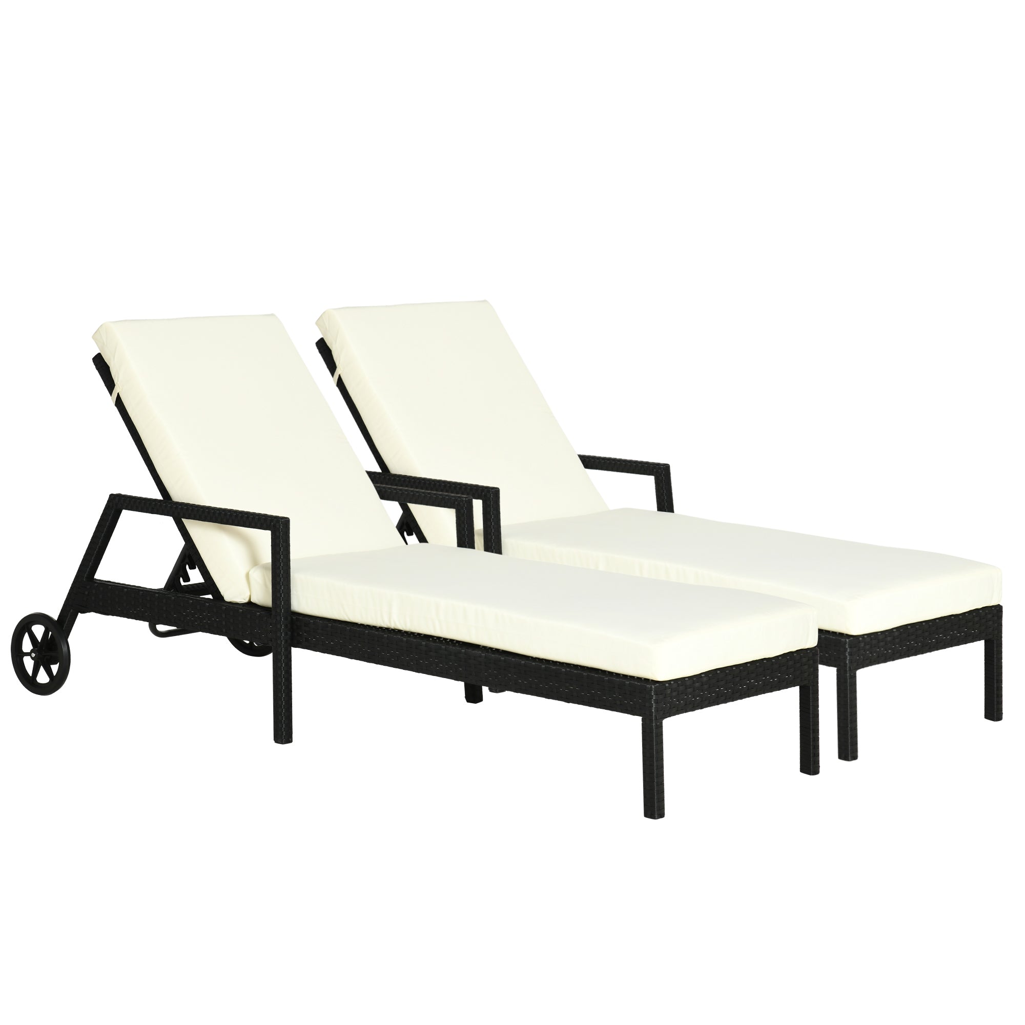 Outsunny Conjunto de 2 Tumbonas de Ratán de Jardín con Cojines Acolchados Respaldo Ajustable en 5 Posiciones 2 Ruedas y Tela Extraíble Lavable 67x196x51 cm Negro