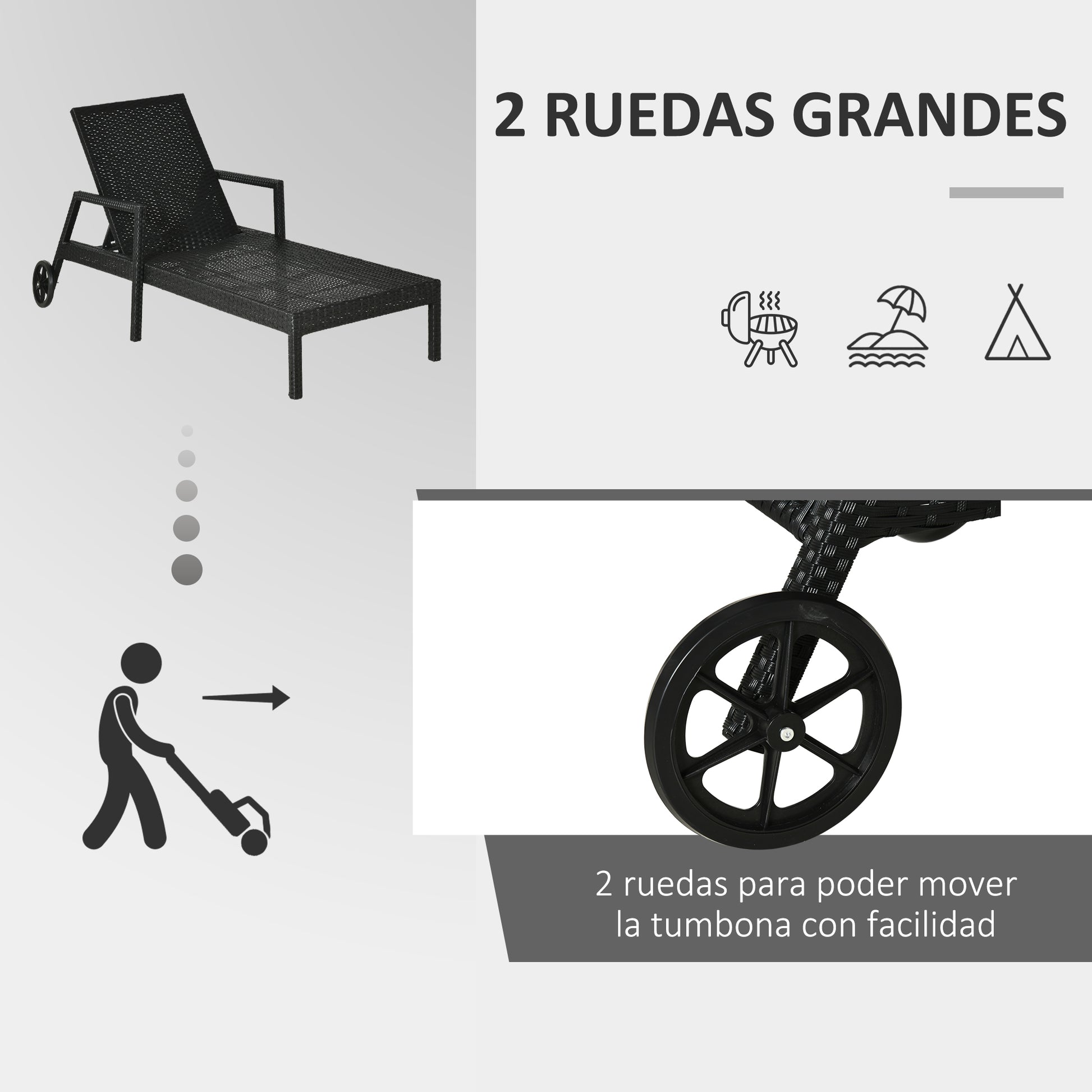 Outsunny Conjunto de 2 Tumbonas de Ratán de Jardín con Cojines Acolchados Respaldo Ajustable en 5 Posiciones 2 Ruedas y Tela Extraíble Lavable 67x196x51 cm Negro