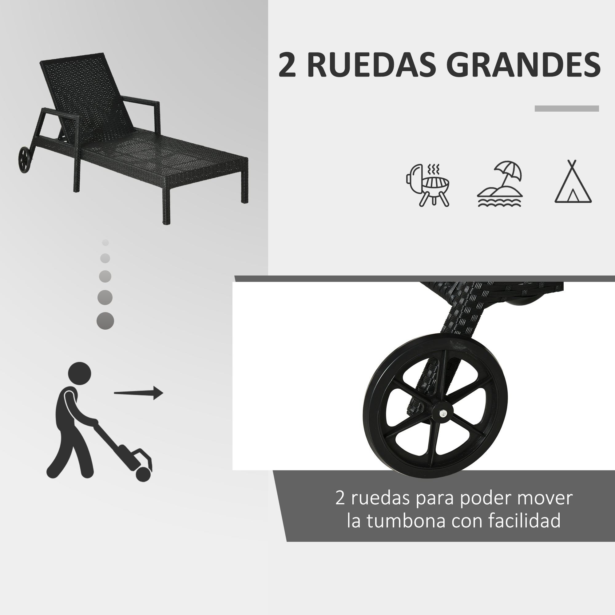 Outsunny Conjunto de 2 Tumbonas de Ratán de Jardín con Cojines Acolchados Respaldo Ajustable en 5 Posiciones 2 Ruedas y Tela Extraíble Lavable 67x196x51 cm Negro
