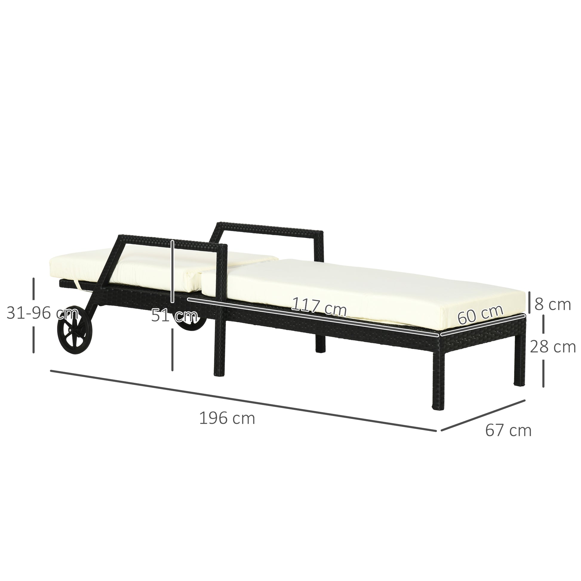 Outsunny Conjunto de 2 Tumbonas de Ratán de Jardín con Cojines Acolchados Respaldo Ajustable en 5 Posiciones 2 Ruedas y Tela Extraíble Lavable 67x196x51 cm Negro
